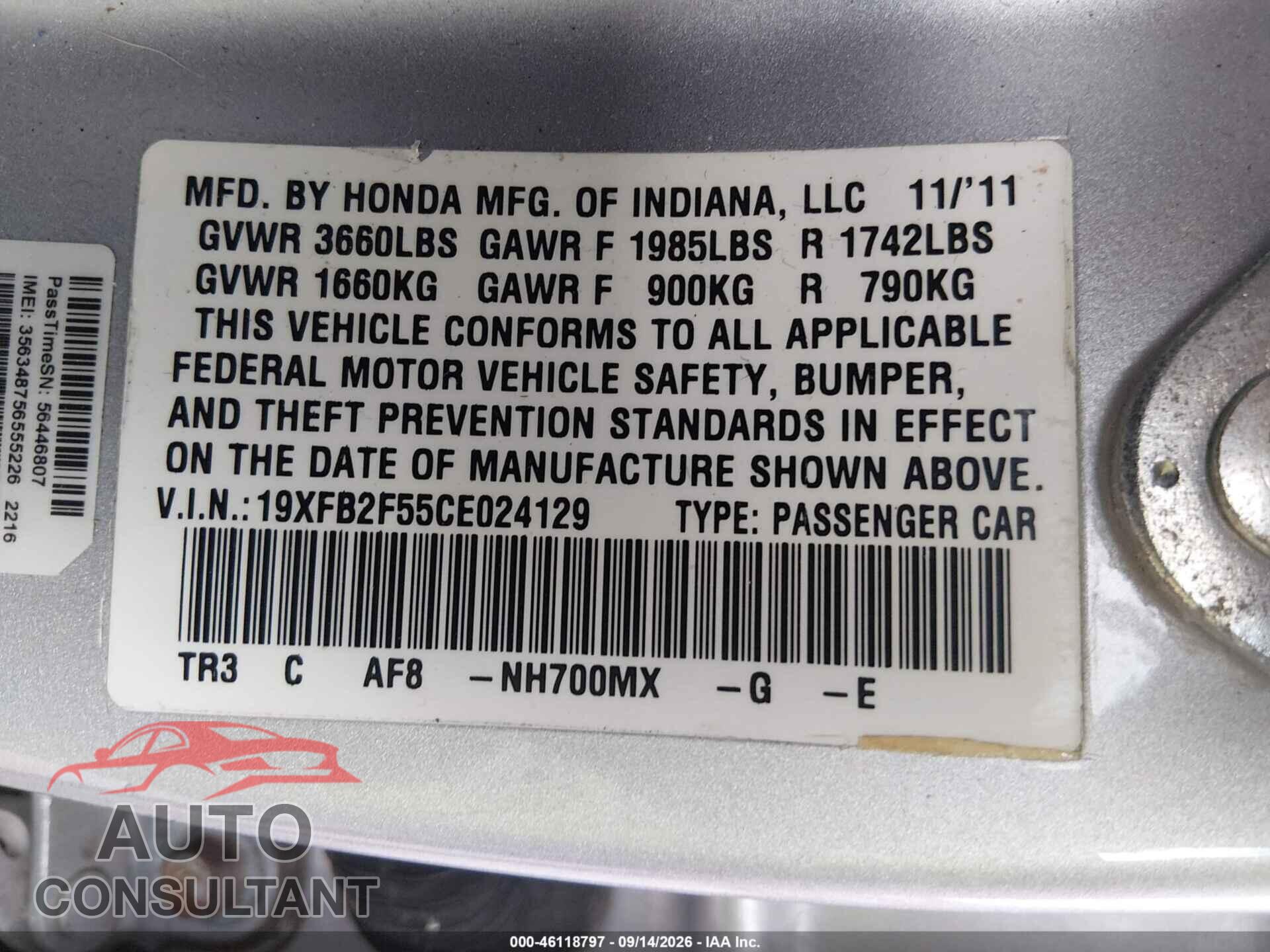 HONDA CIVIC 2012 - 19XFB2F55CE024129