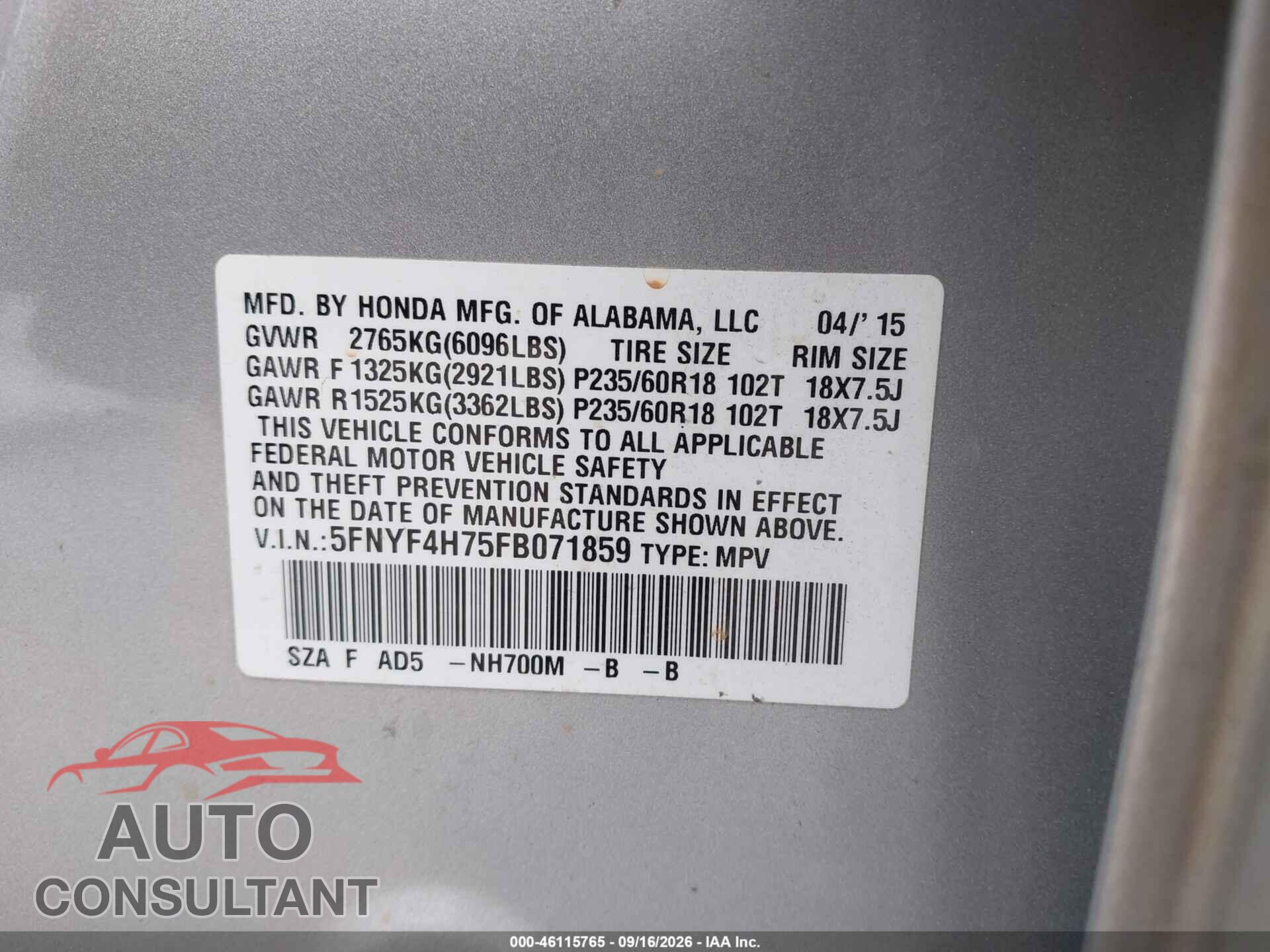 HONDA PILOT 2015 - 5FNYF4H75FB071859