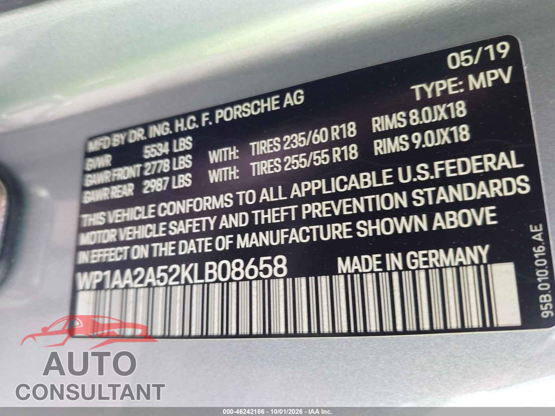 PORSCHE MACAN 2019 - WP1AA2A52KLB08658