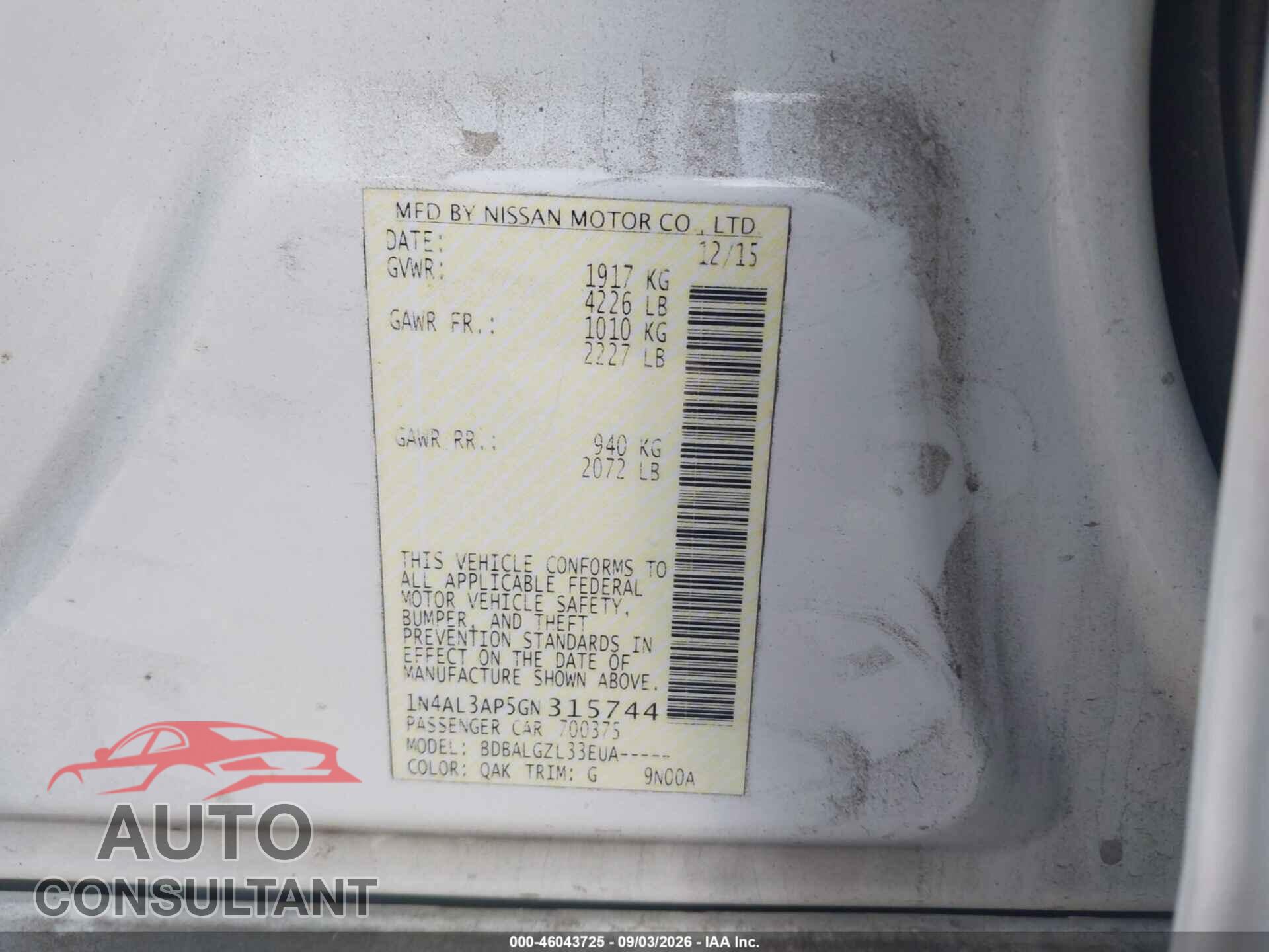 NISSAN ALTIMA 2016 - 1N4AL3AP5GN315744