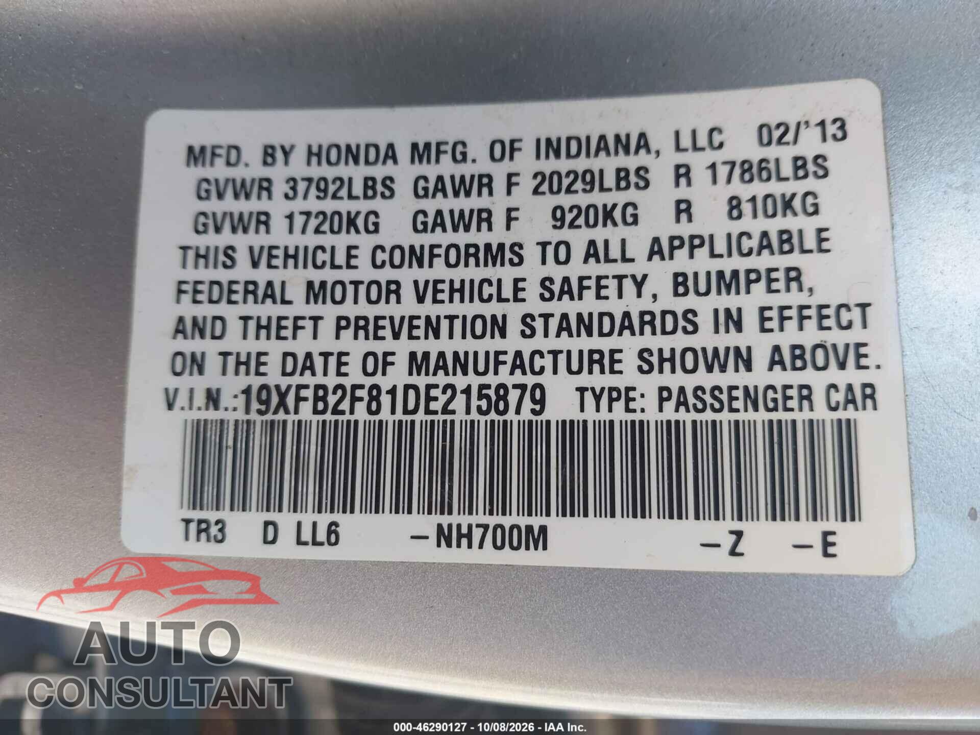 HONDA CIVIC 2013 - 19XFB2F81DE215879