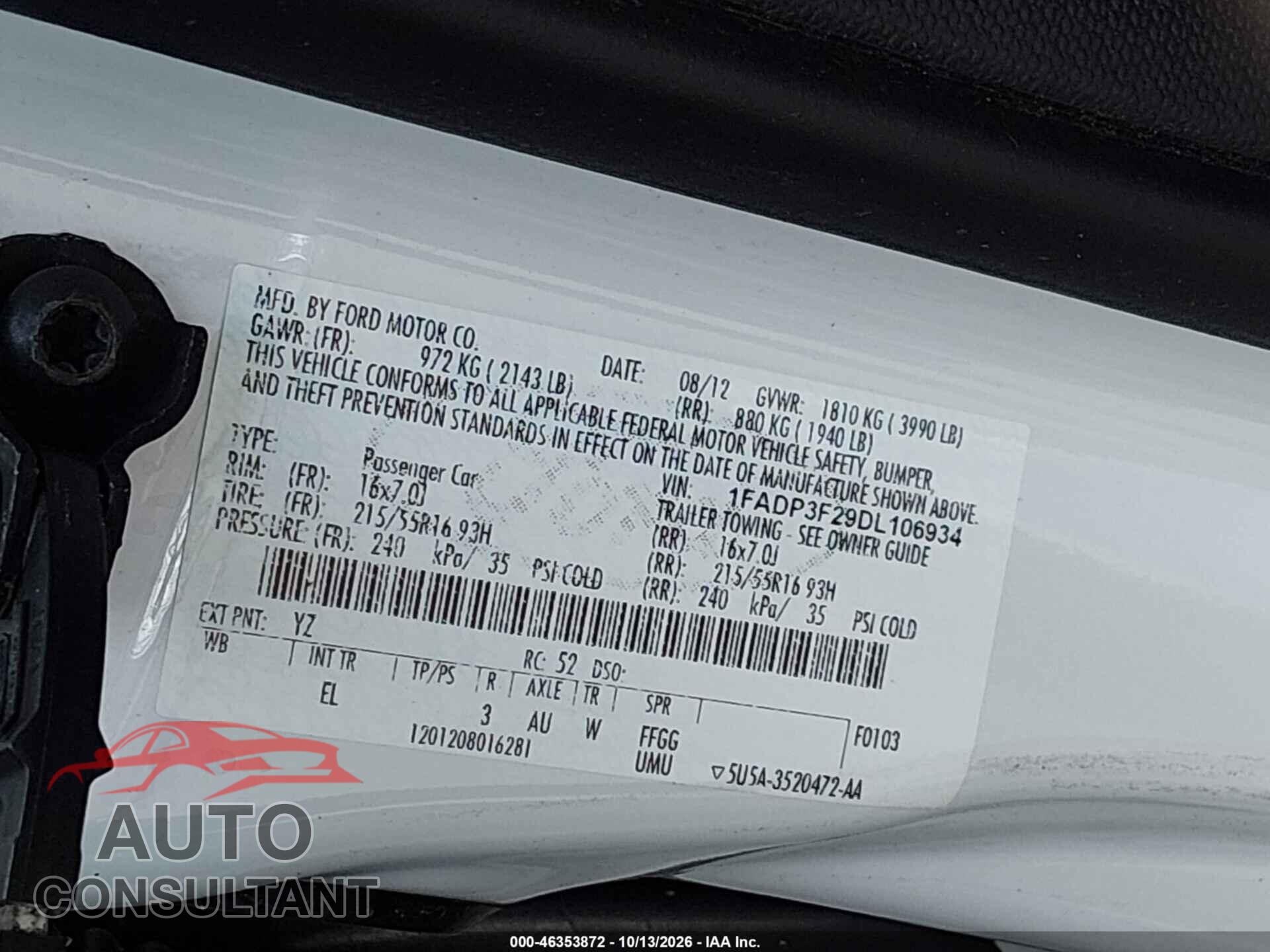 FORD FOCUS 2013 - 1FADP3F29DL106934