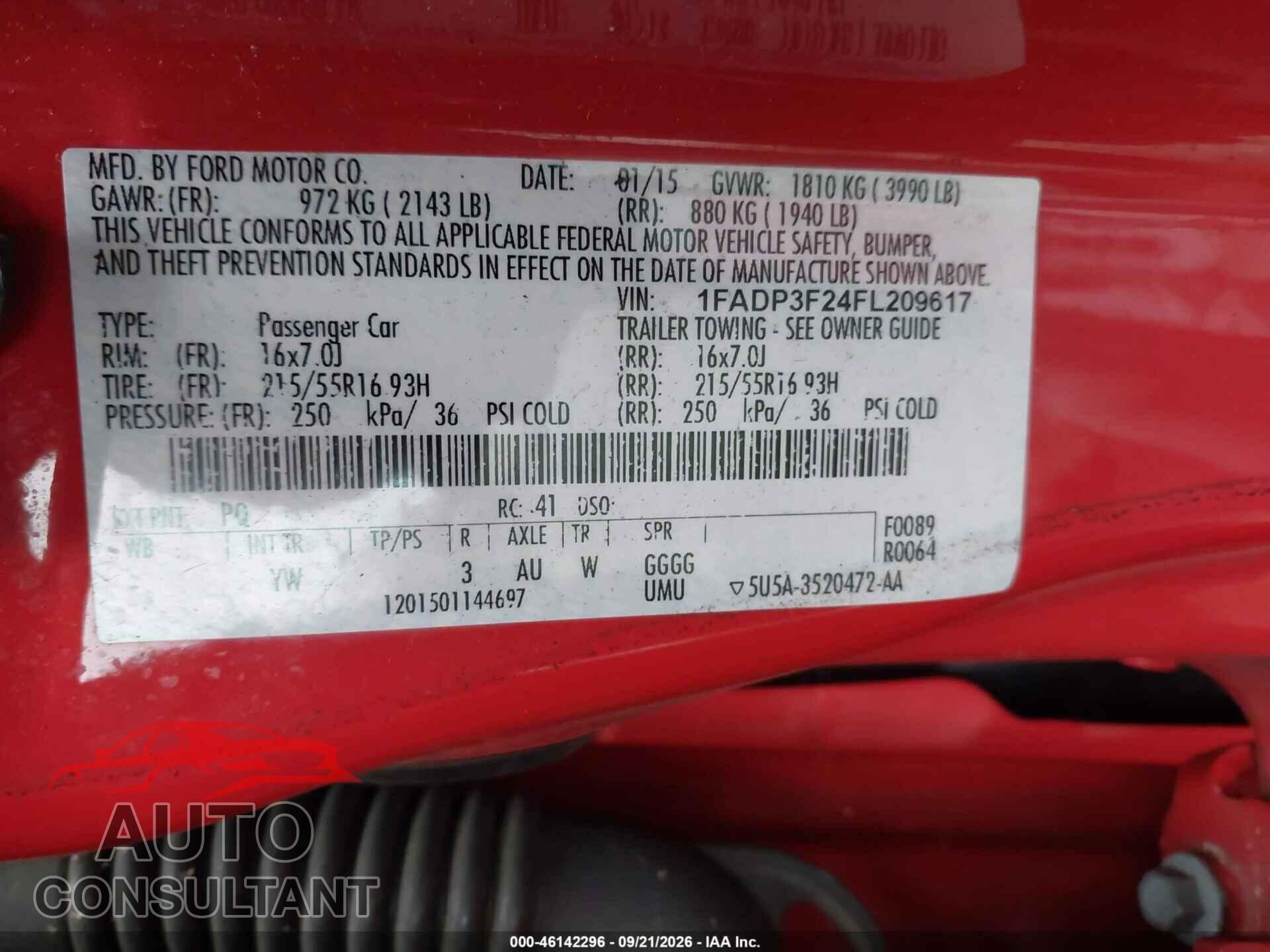FORD FOCUS 2015 - 1FADP3F24FL209617