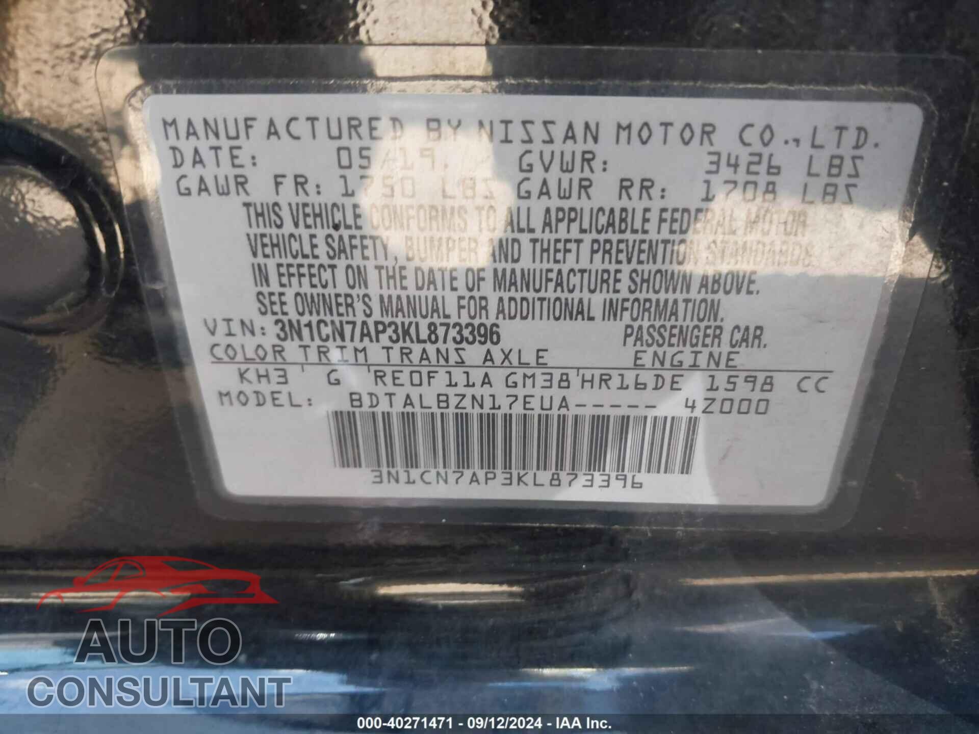 NISSAN VERSA 2019 - 3N1CN7AP3KL873396