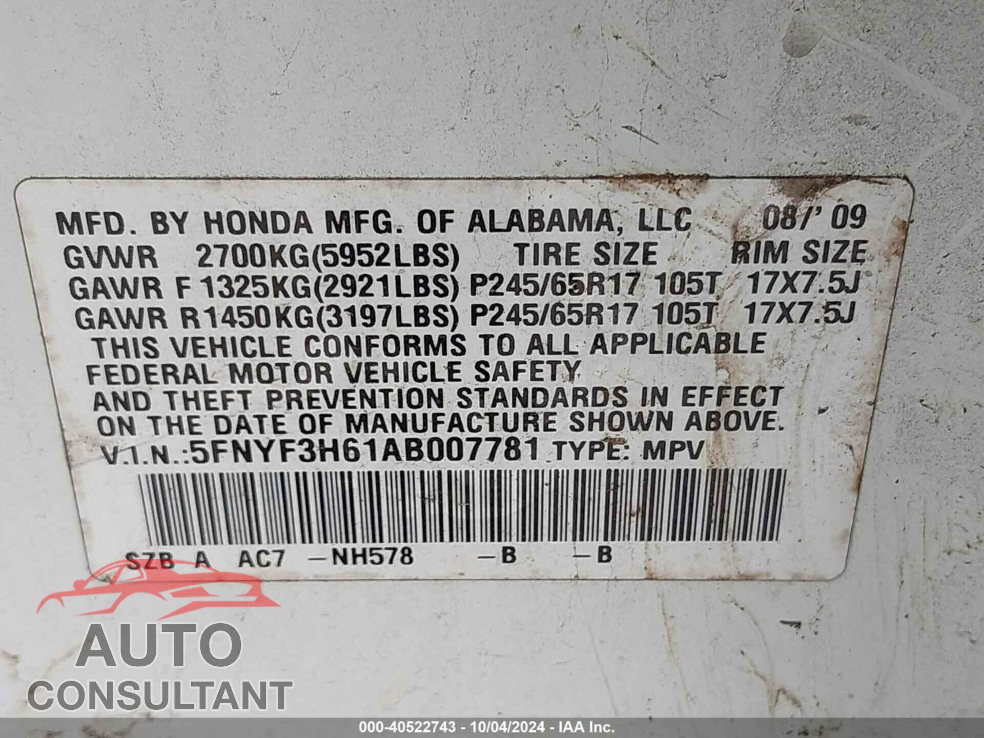 HONDA PILOT 2010 - 5FNYF3H61AB007781