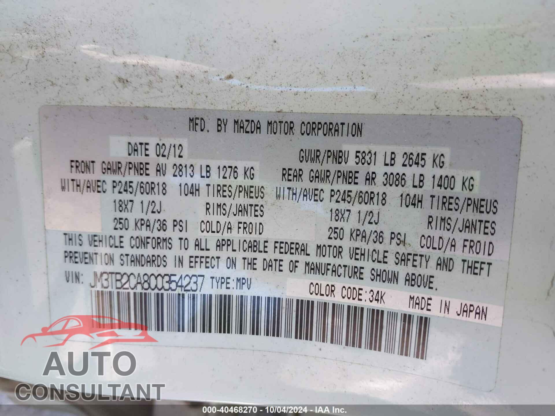 MAZDA CX-9 2012 - JM3TB2CA8C0354237