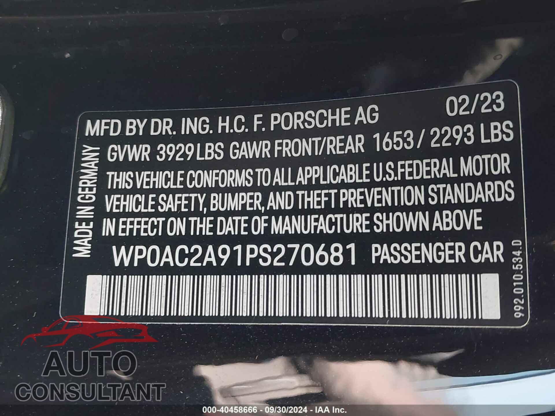 PORSCHE 911 2023 - WP0AC2A91PS270681