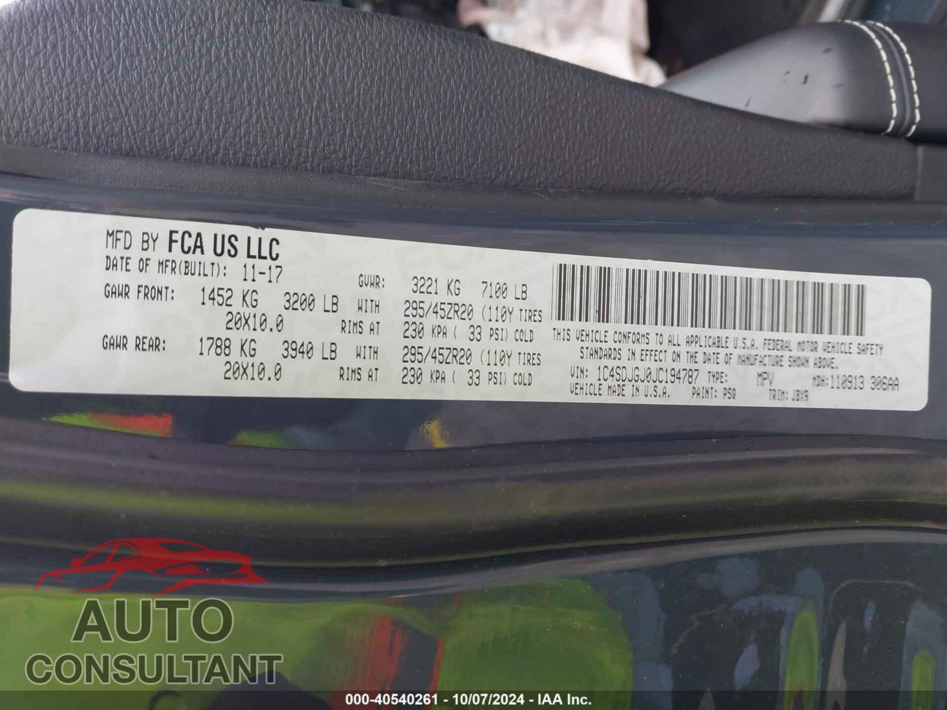 DODGE DURANGO 2018 - 1C4SDJGJ0JC194787