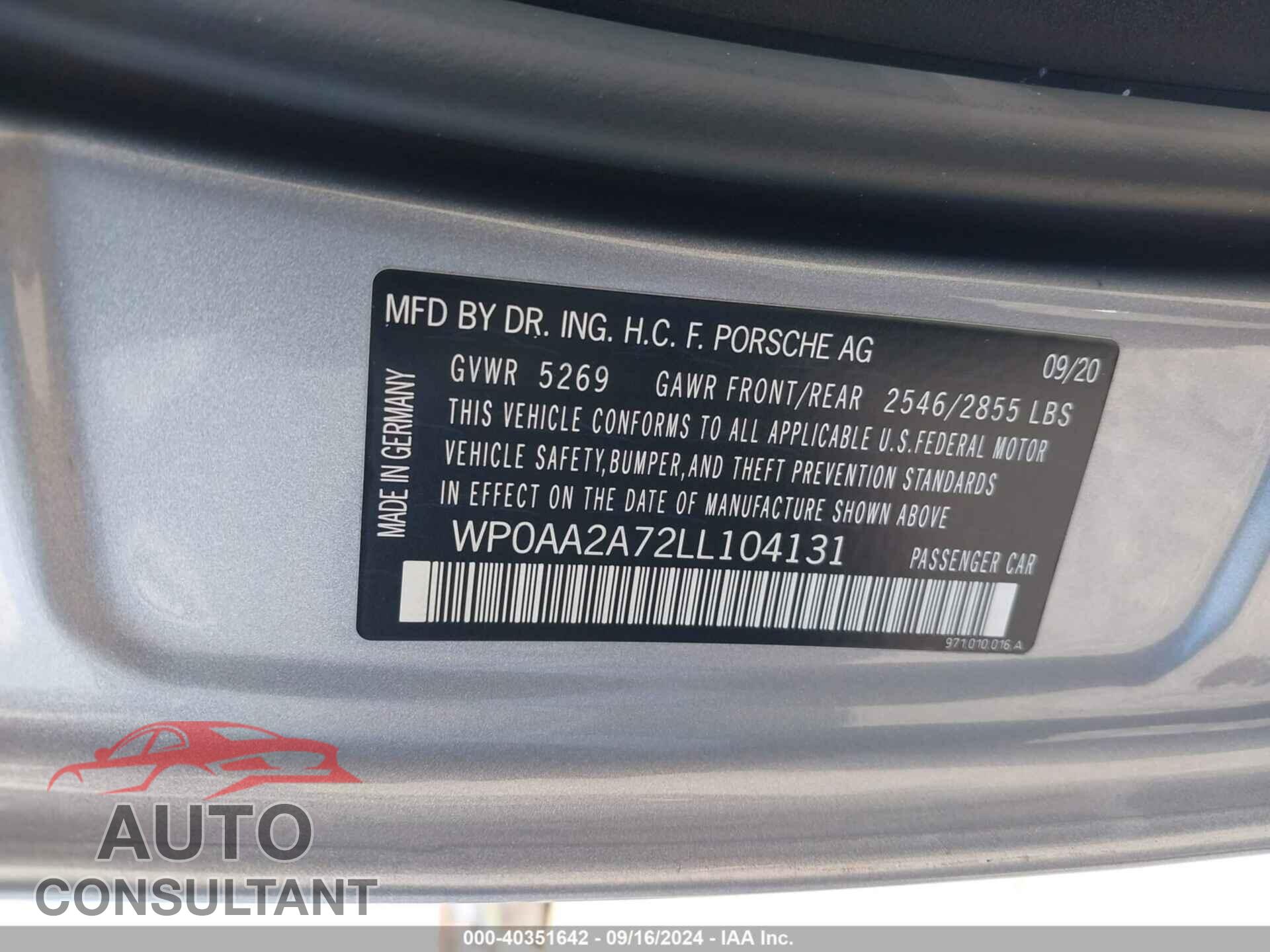 PORSCHE PANAMERA 2020 - WP0AA2A72LL104131