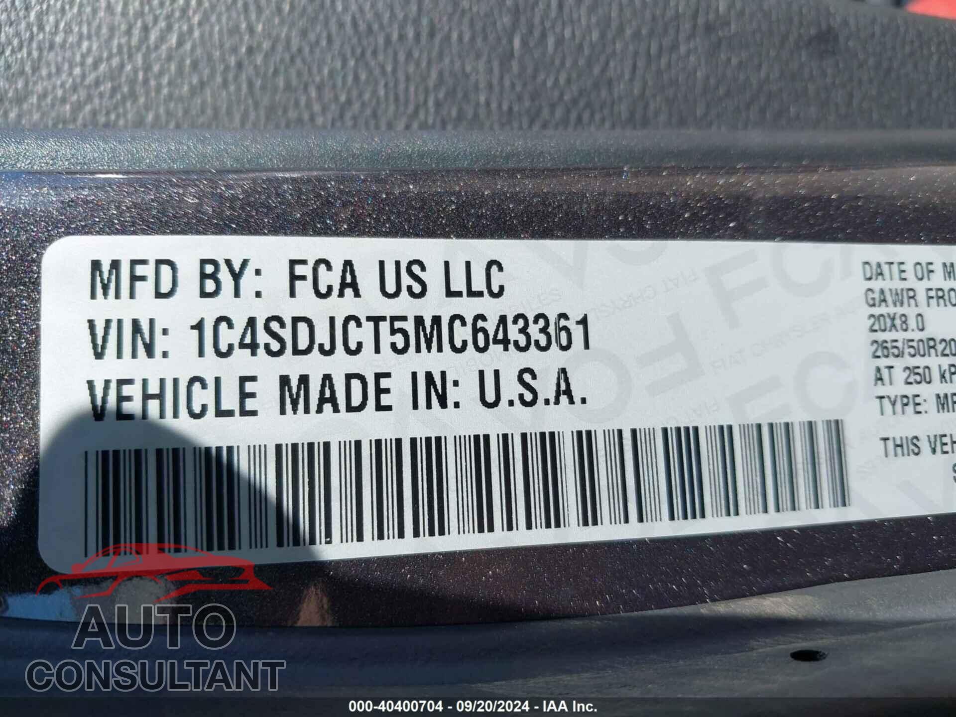 DODGE DURANGO 2021 - 1C4SDJCT5MC643361