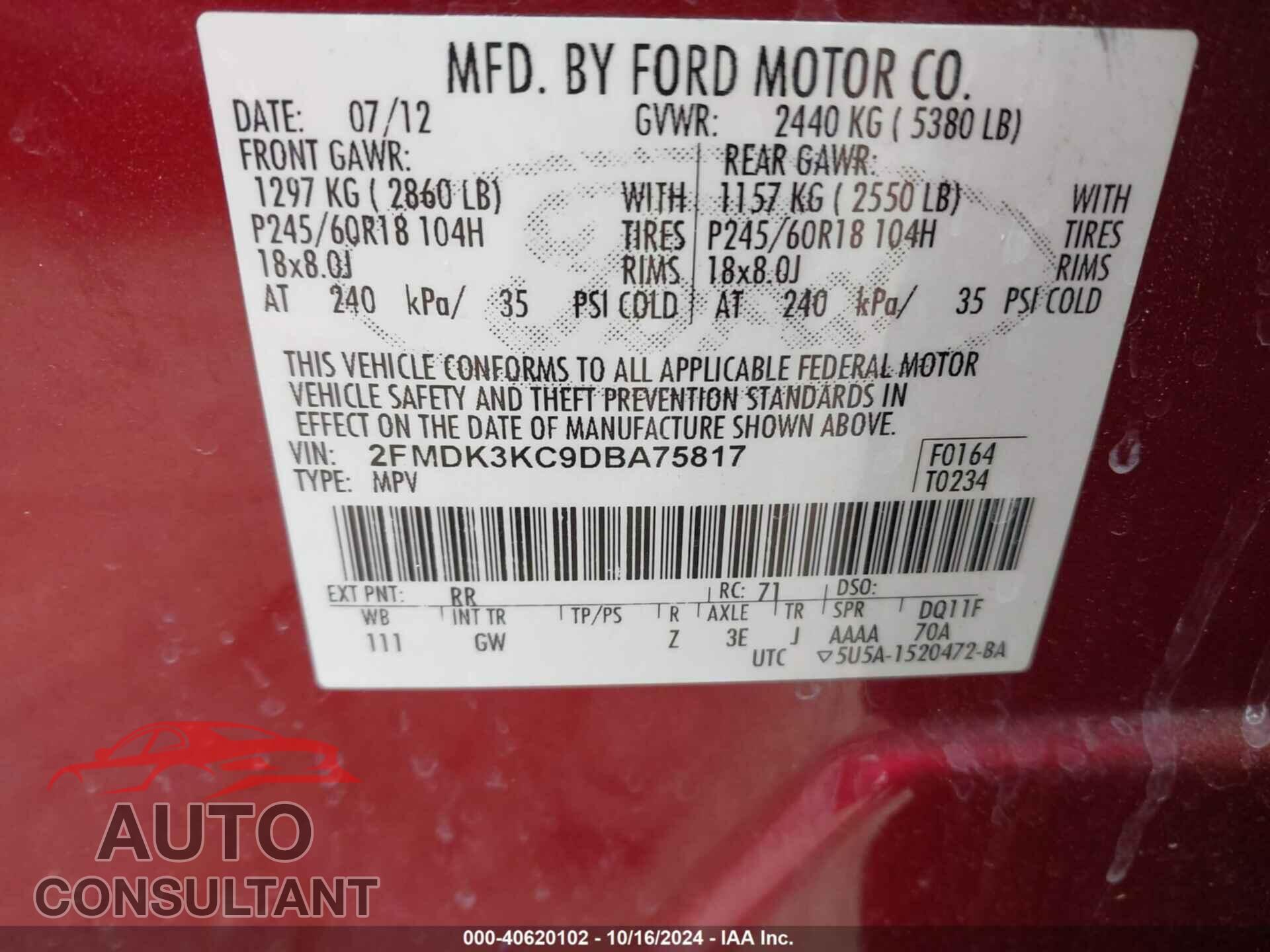 FORD EDGE 2013 - 2FMDK3KC9DBA75817