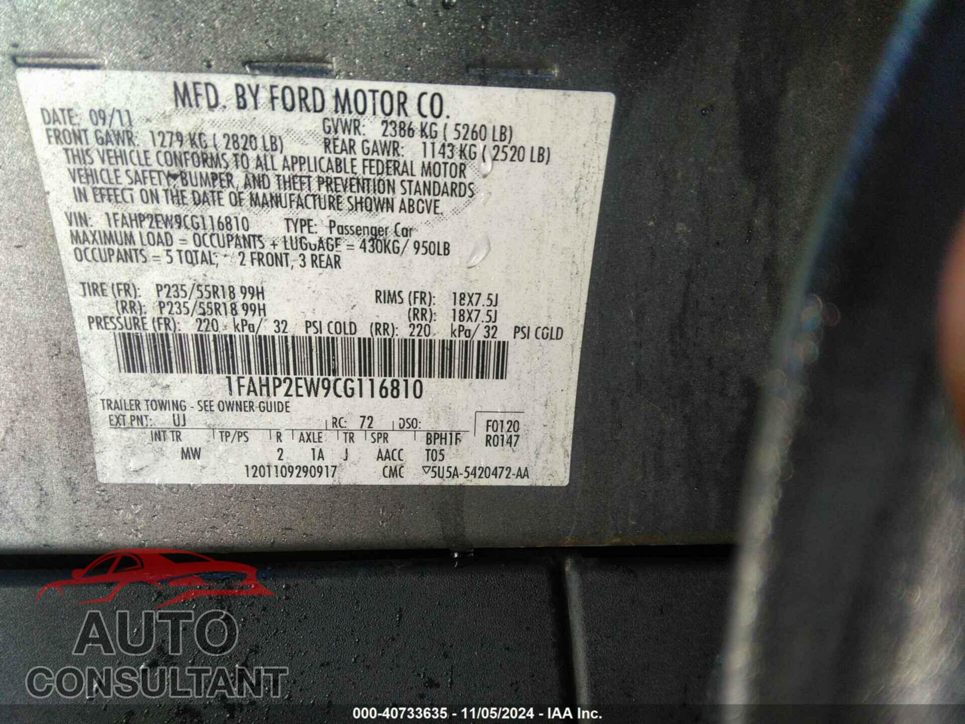 FORD TAURUS 2012 - 1FAHP2EW9CG116810