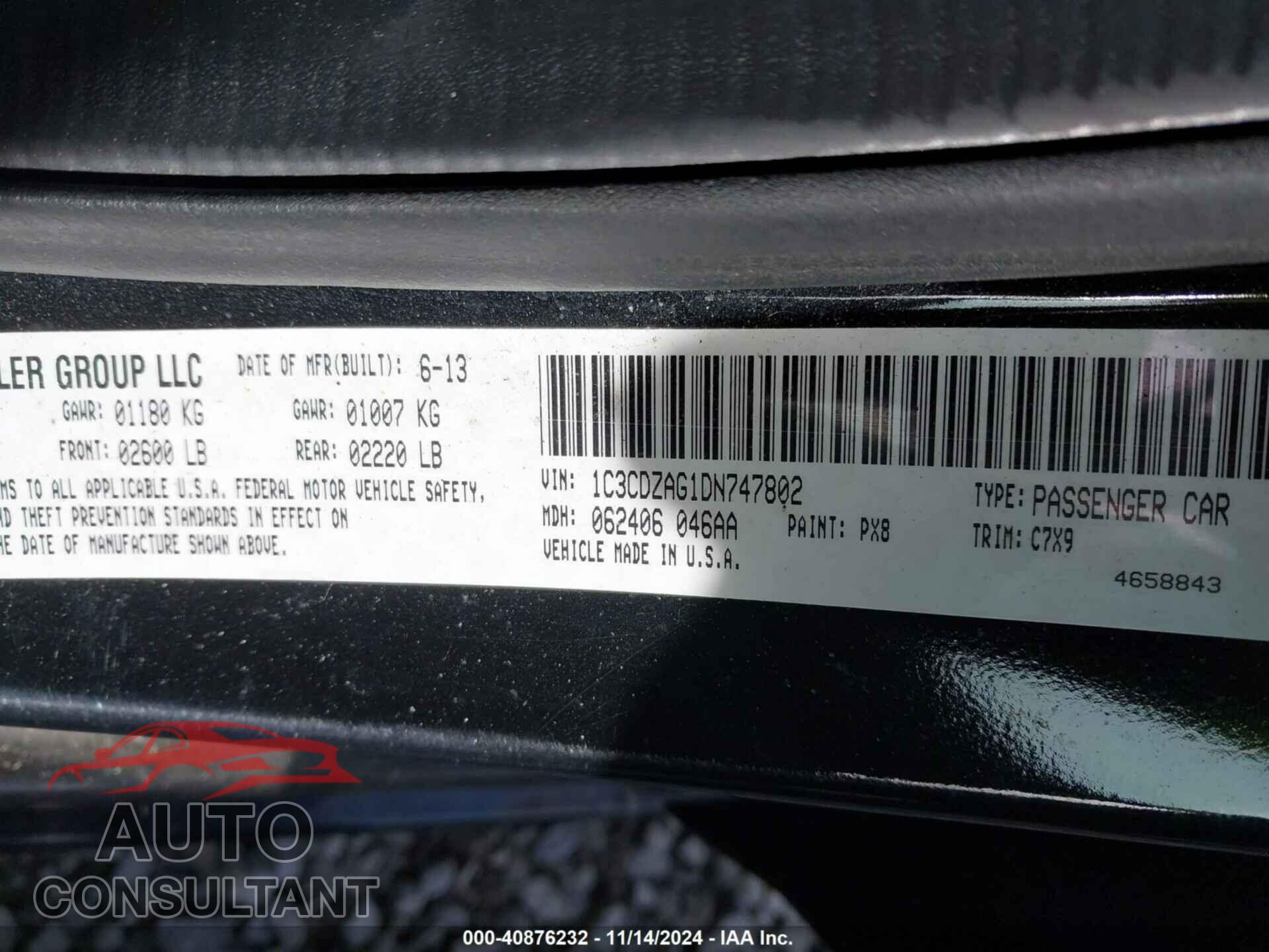 DODGE AVENGER 2013 - 1C3CDZAG1DN747802