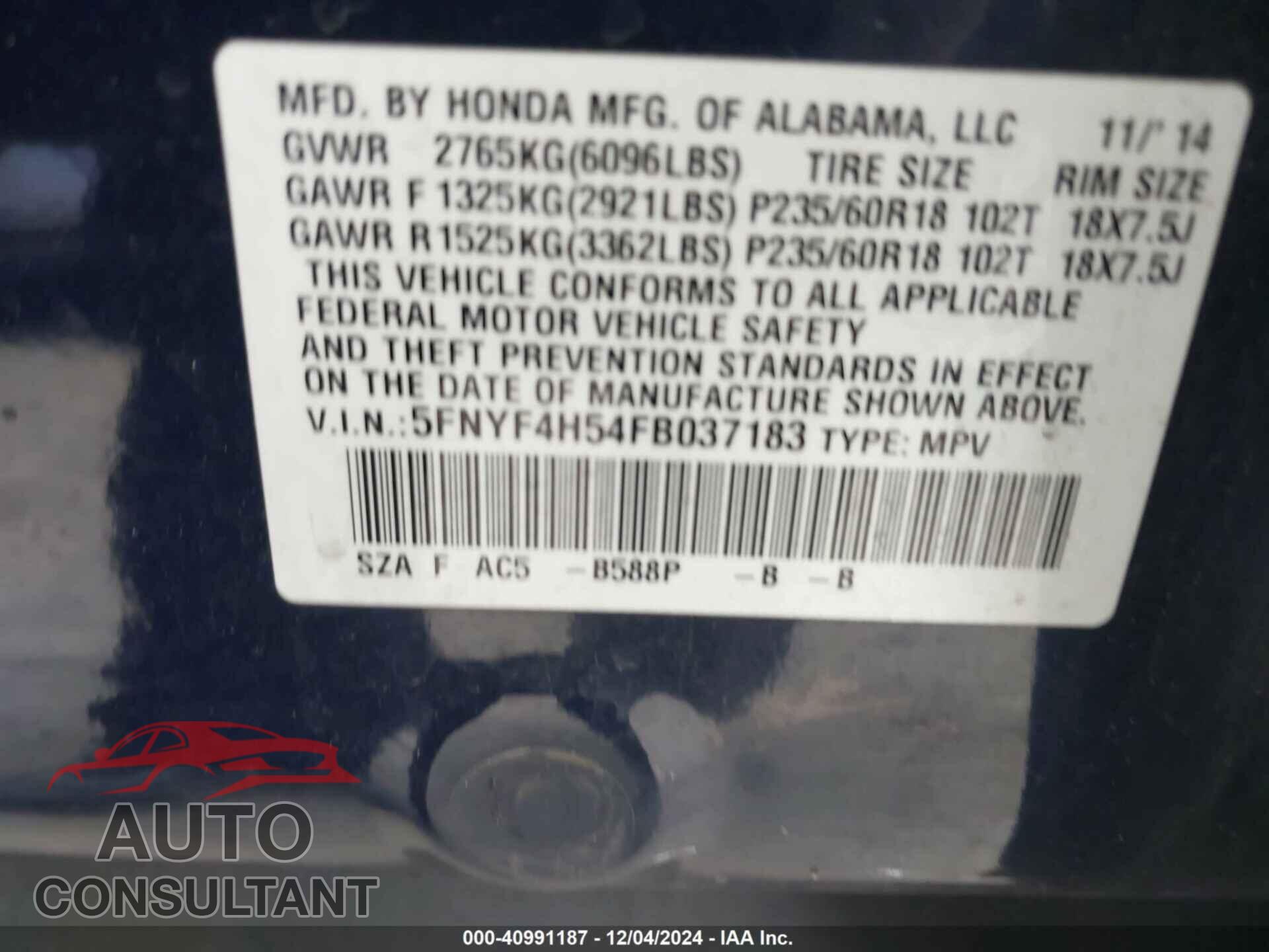 HONDA PILOT 2015 - 5FNYF4H54FB037183
