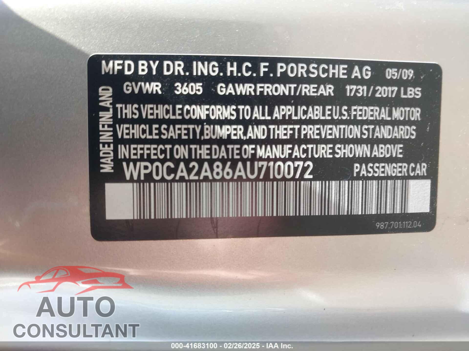 PORSCHE BOXSTER 2010 - WP0CA2A86AU710072