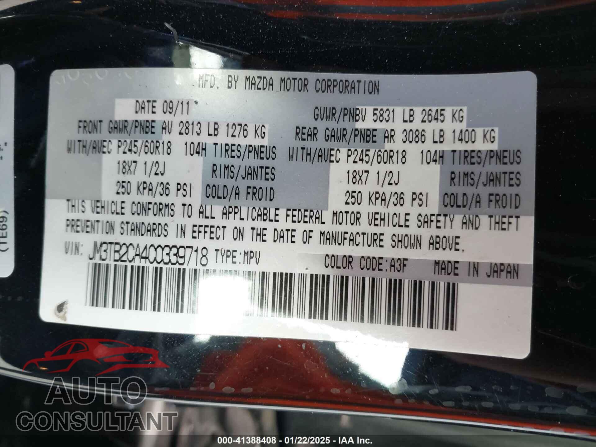 MAZDA CX-9 2012 - JM3TB2CA4C0339718