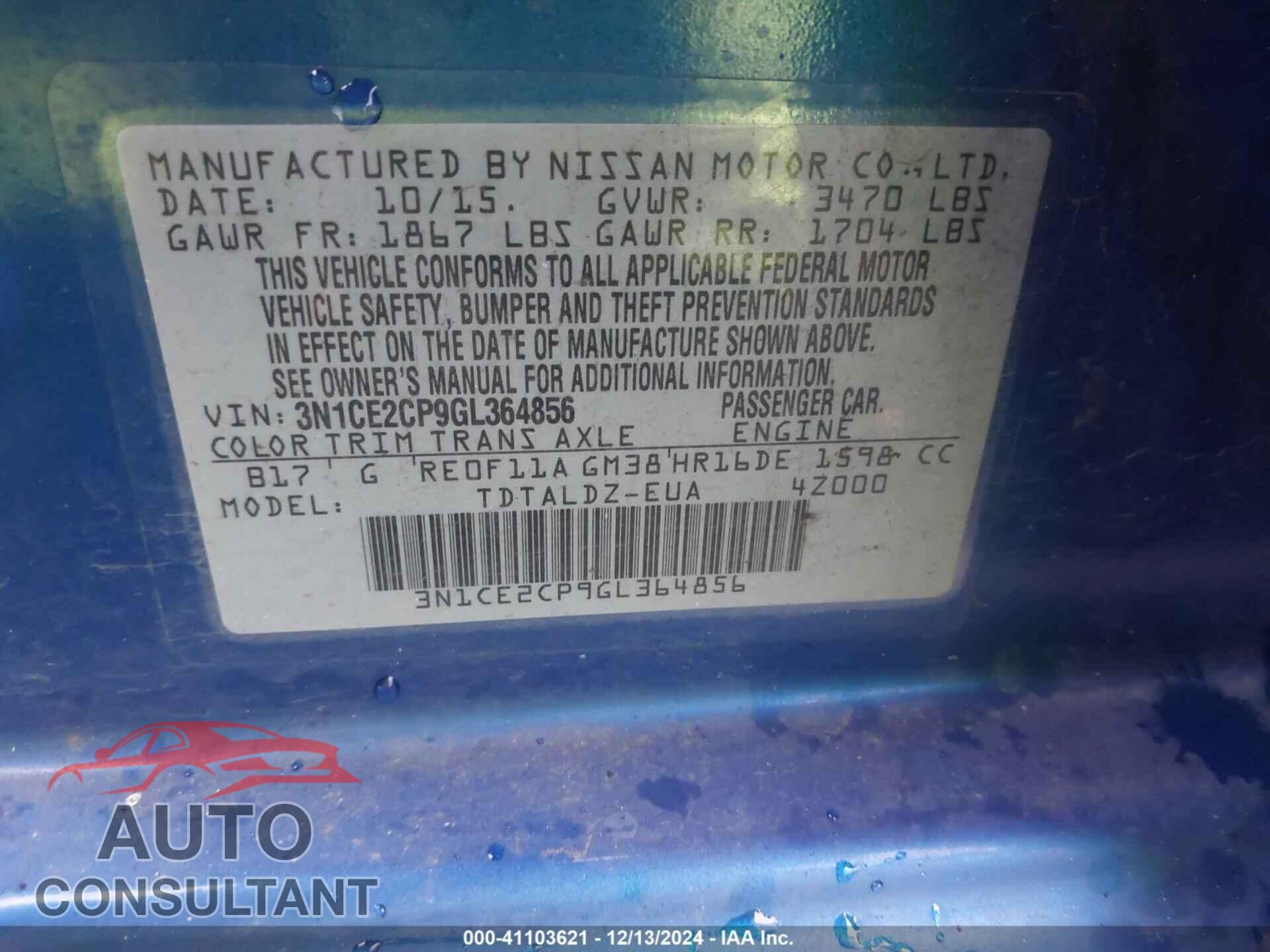 NISSAN VERSA NOTE 2016 - 3N1CE2CP9GL364856