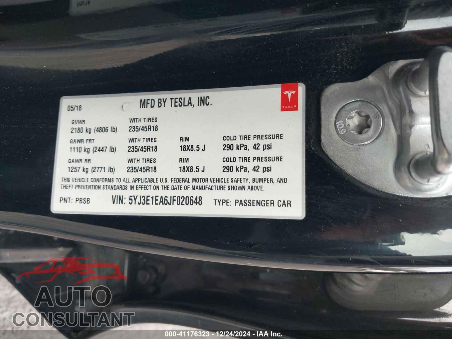 TESLA MODEL 3 2018 - 5YJ3E1EA6JF020648