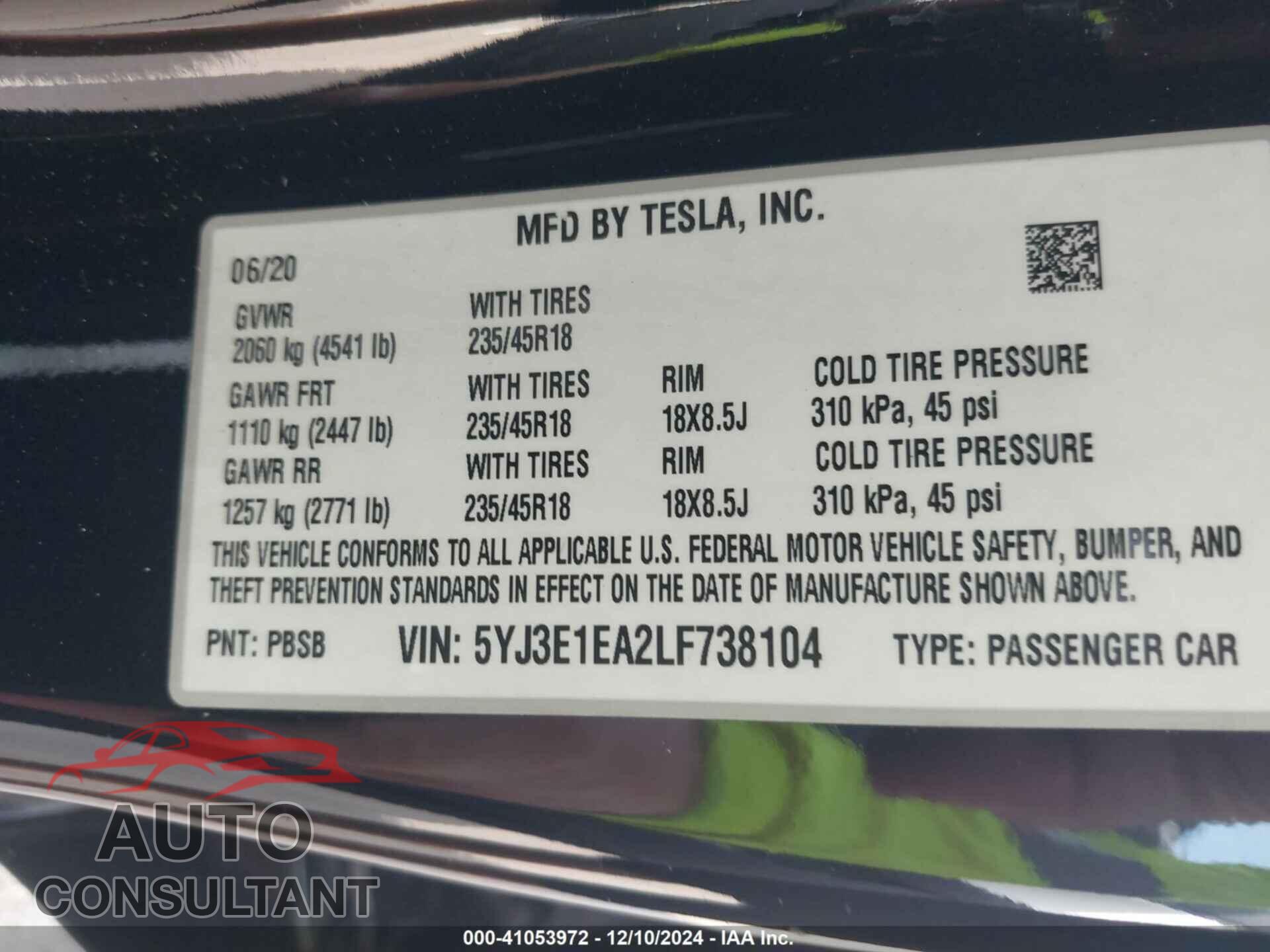 TESLA MODEL 3 2020 - 5YJ3E1EA2LF738104