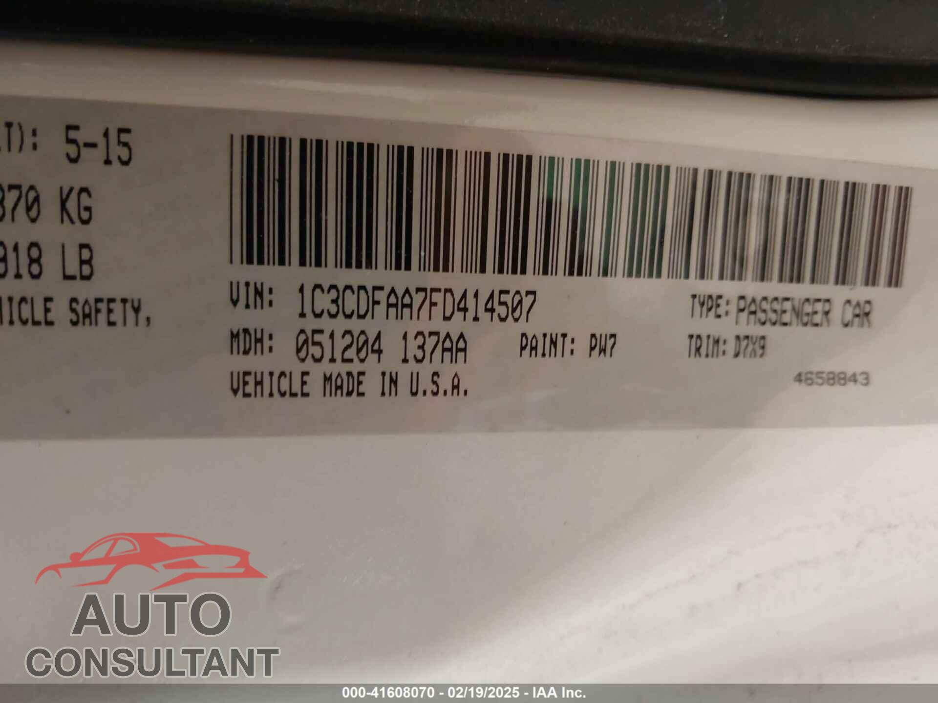 DODGE DART 2015 - 1C3CDFAA7FD414507