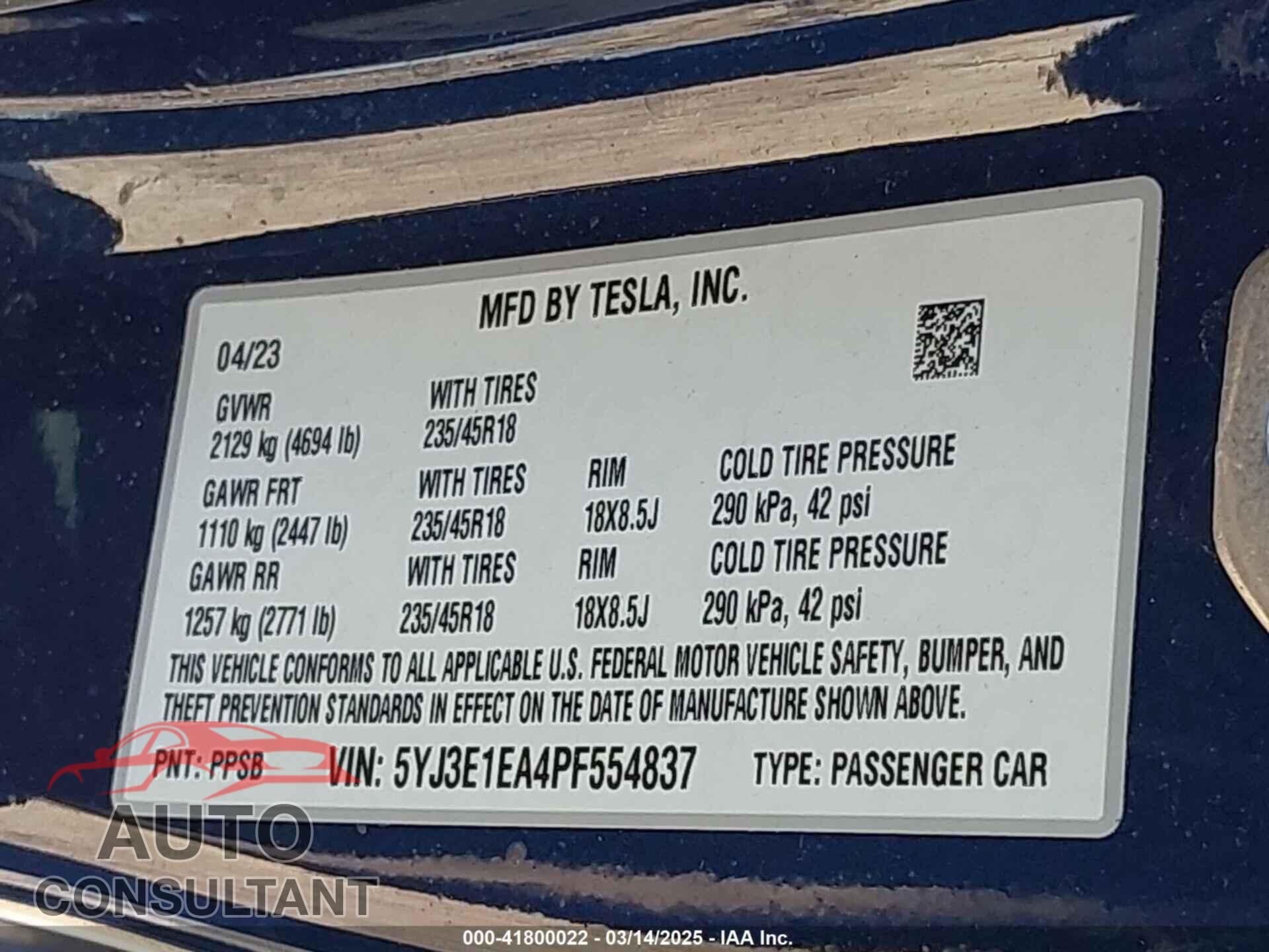 TESLA MODEL 3 2023 - 5YJ3E1EA4PF554837