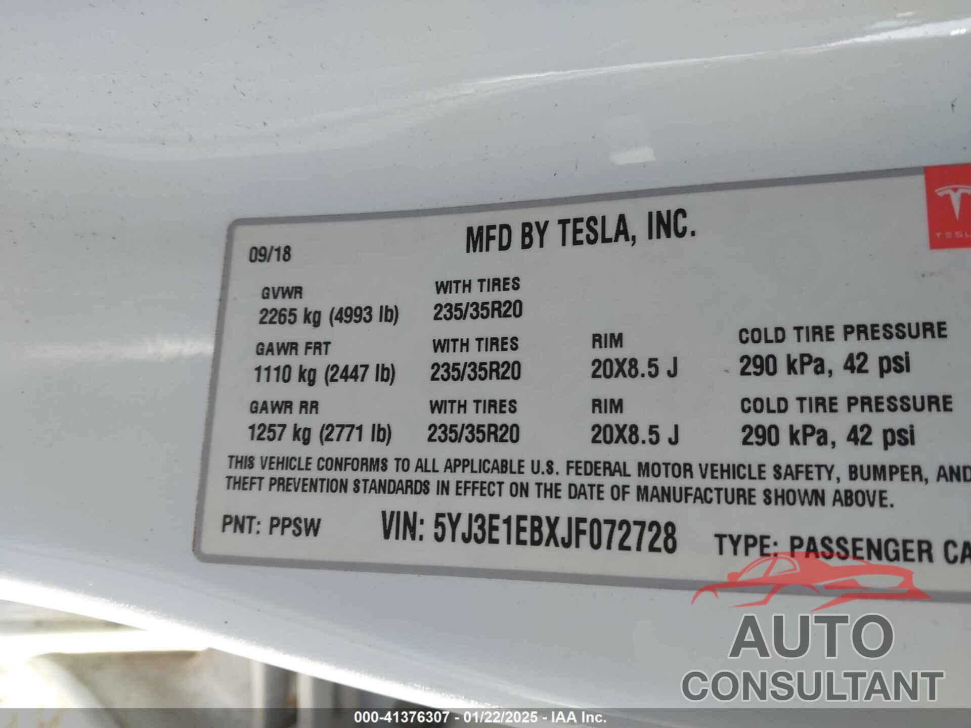 TESLA MODEL 3 2018 - 5YJ3E1EBXJF072728