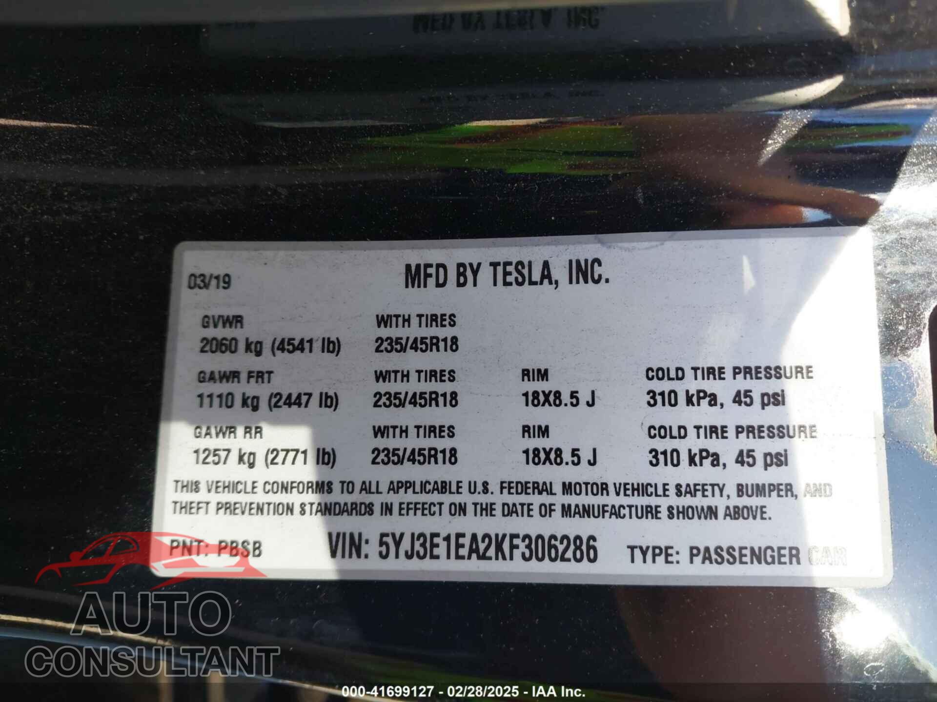 TESLA MODEL 3 2019 - 5YJ3E1EA2KF306286