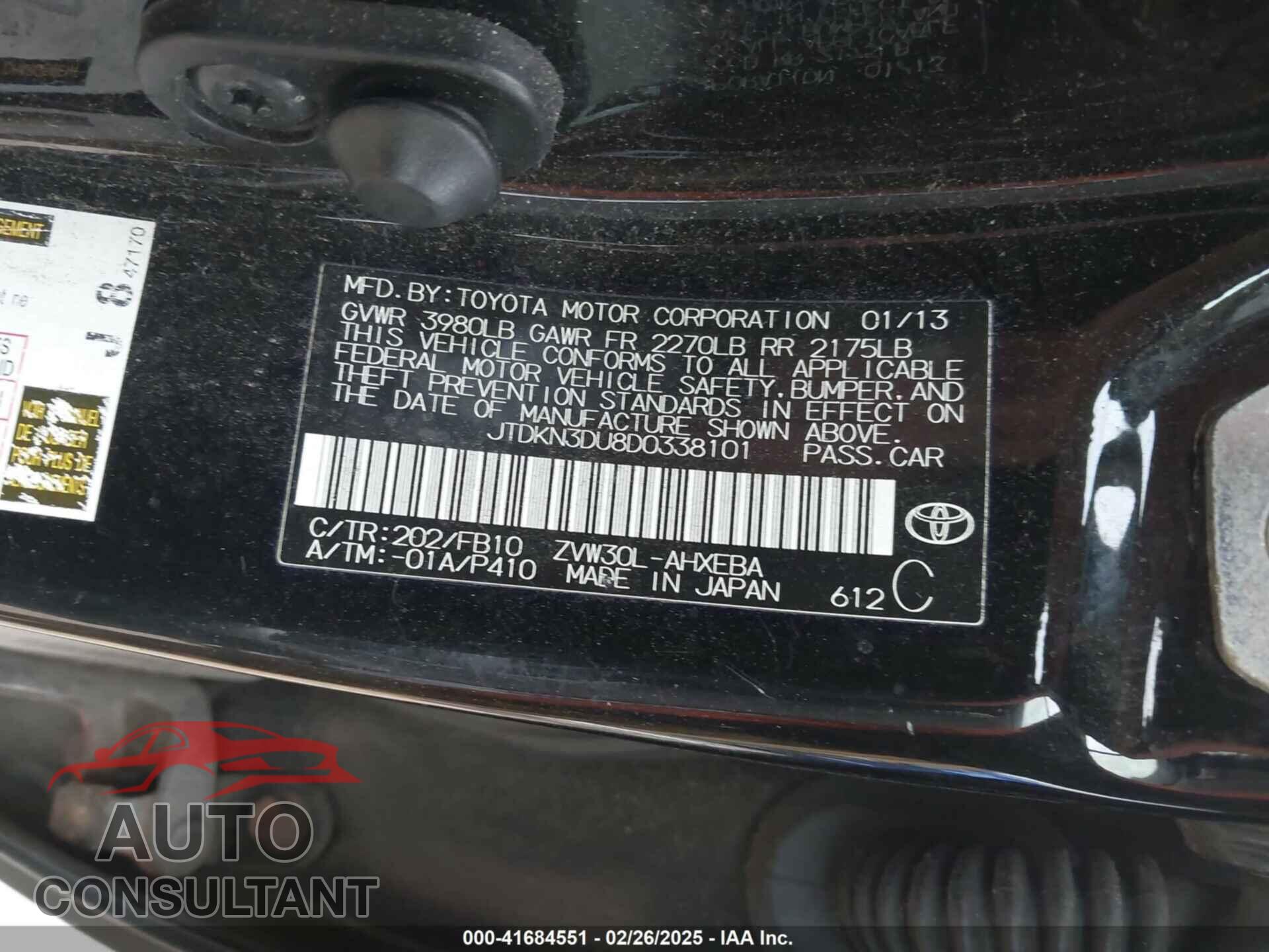TOYOTA PRIUS 2013 - JTDKN3DU8D0338101