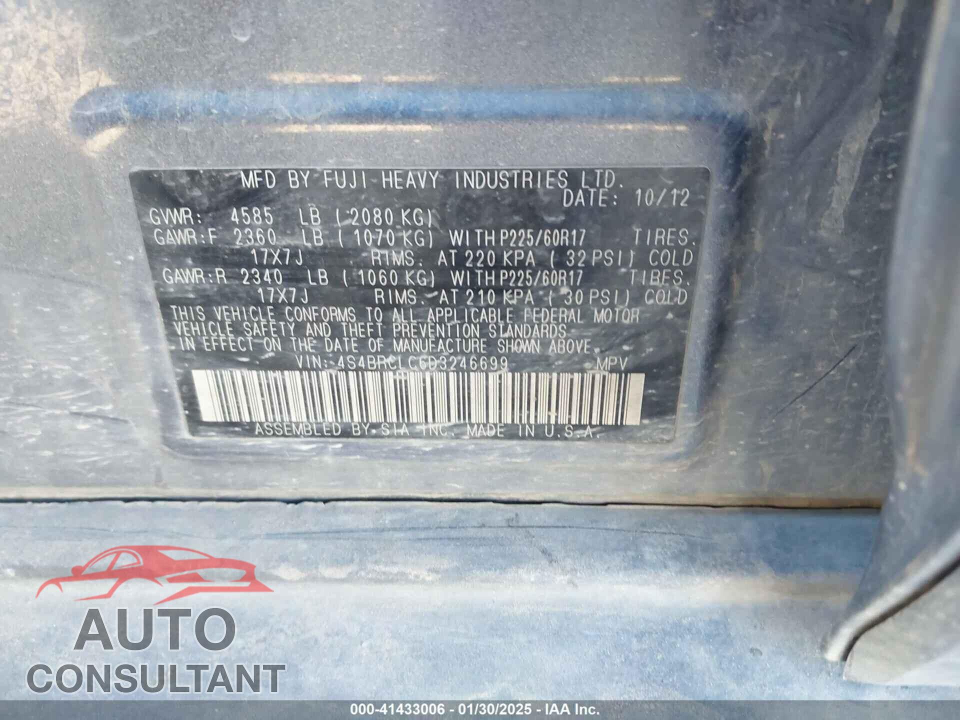 SUBARU OUTBACK 2013 - 4S4BRCLC6D3246699