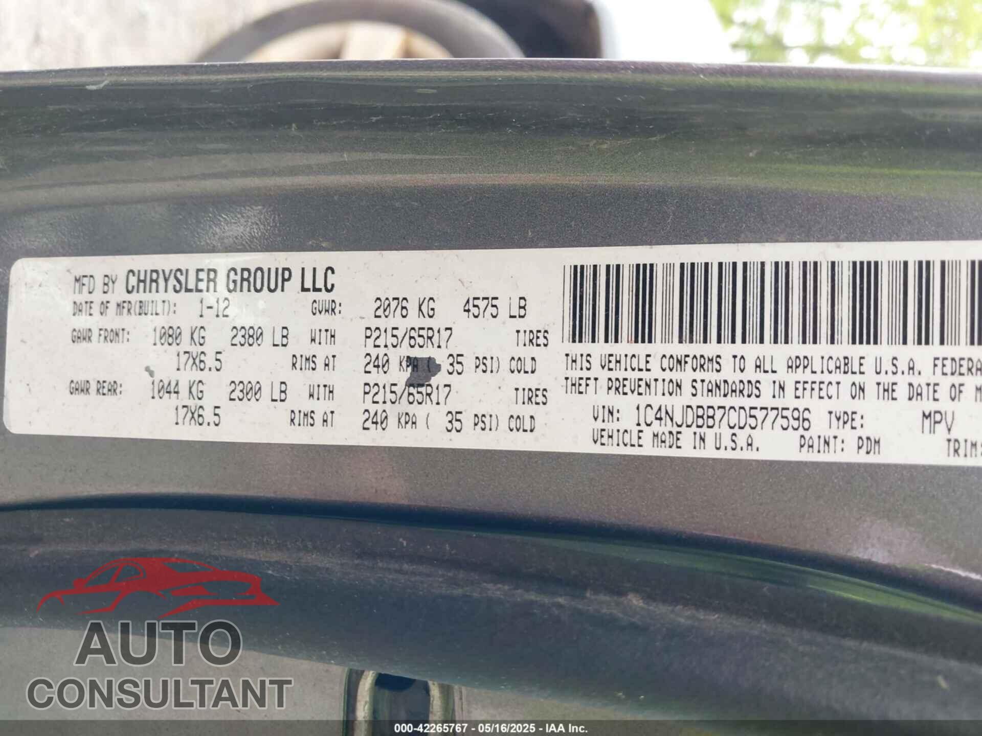 JEEP COMPASS 2012 - 1C4NJDBB7CD577596