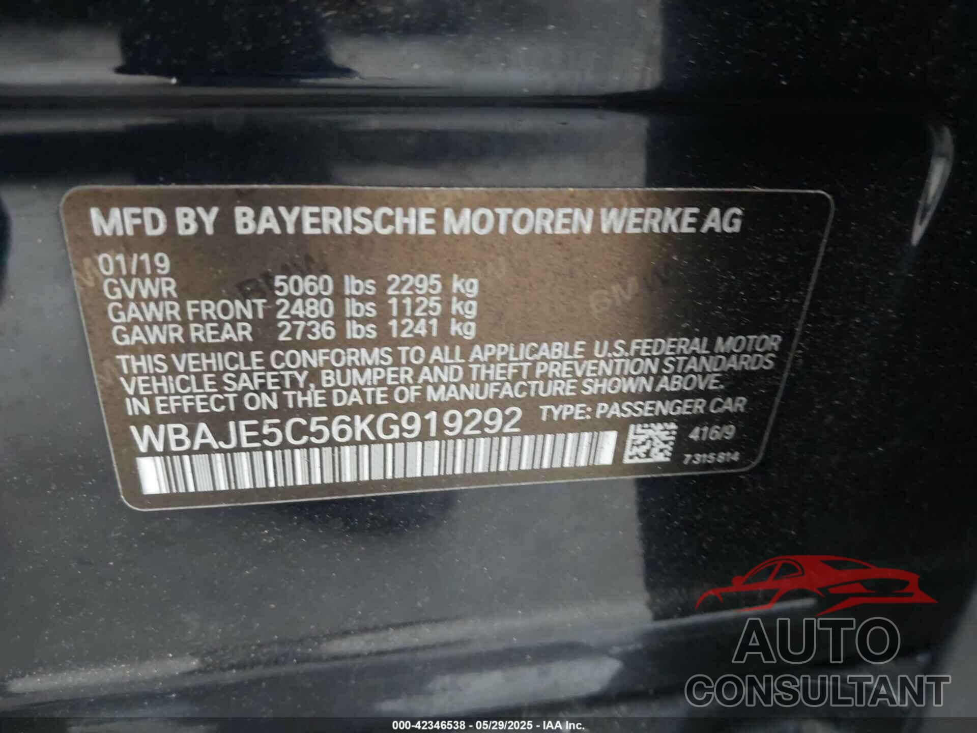 BMW 540I 2019 - WBAJE5C56KG919292