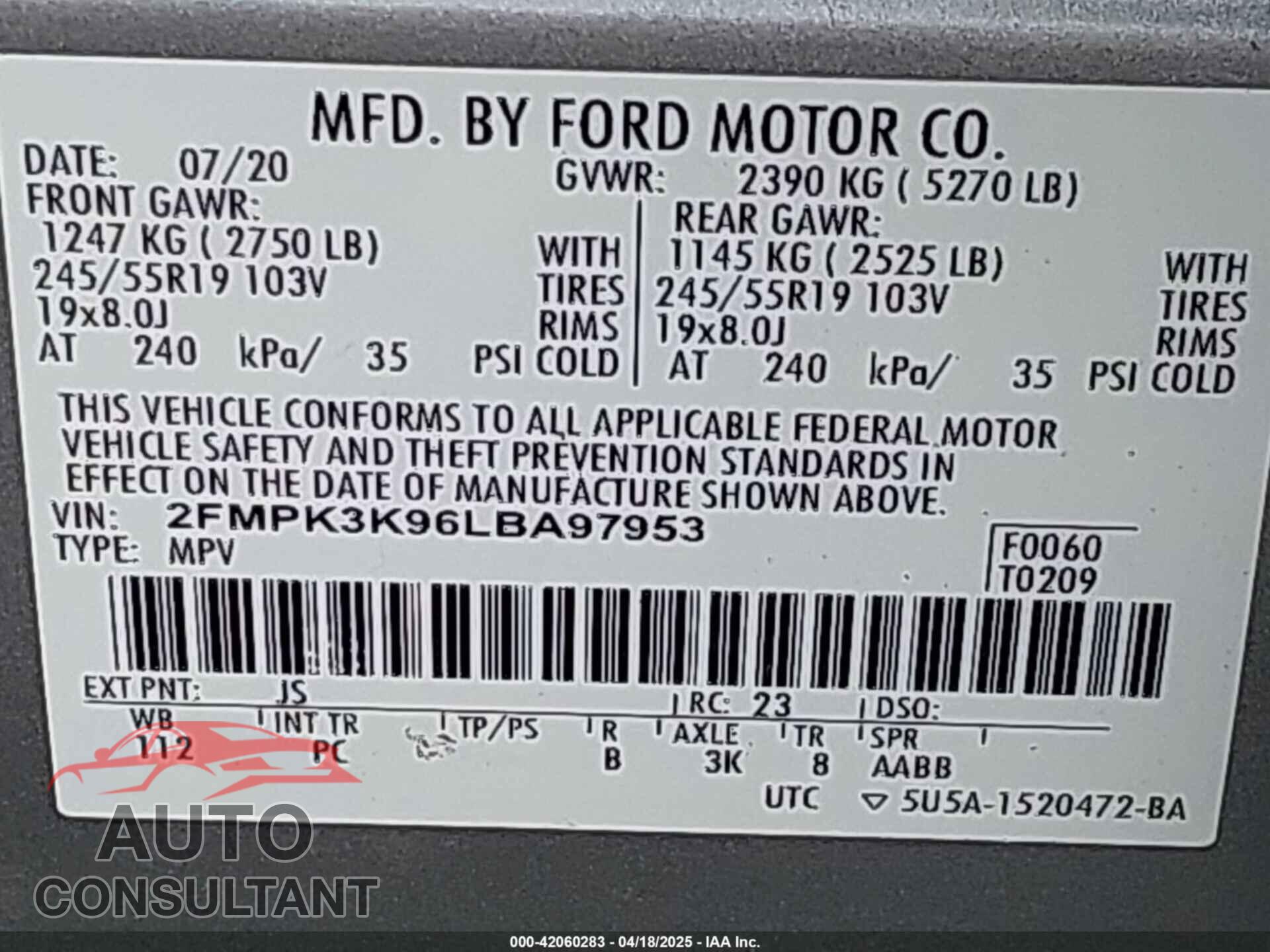 FORD EDGE 2020 - 2FMPK3K96LBA97953