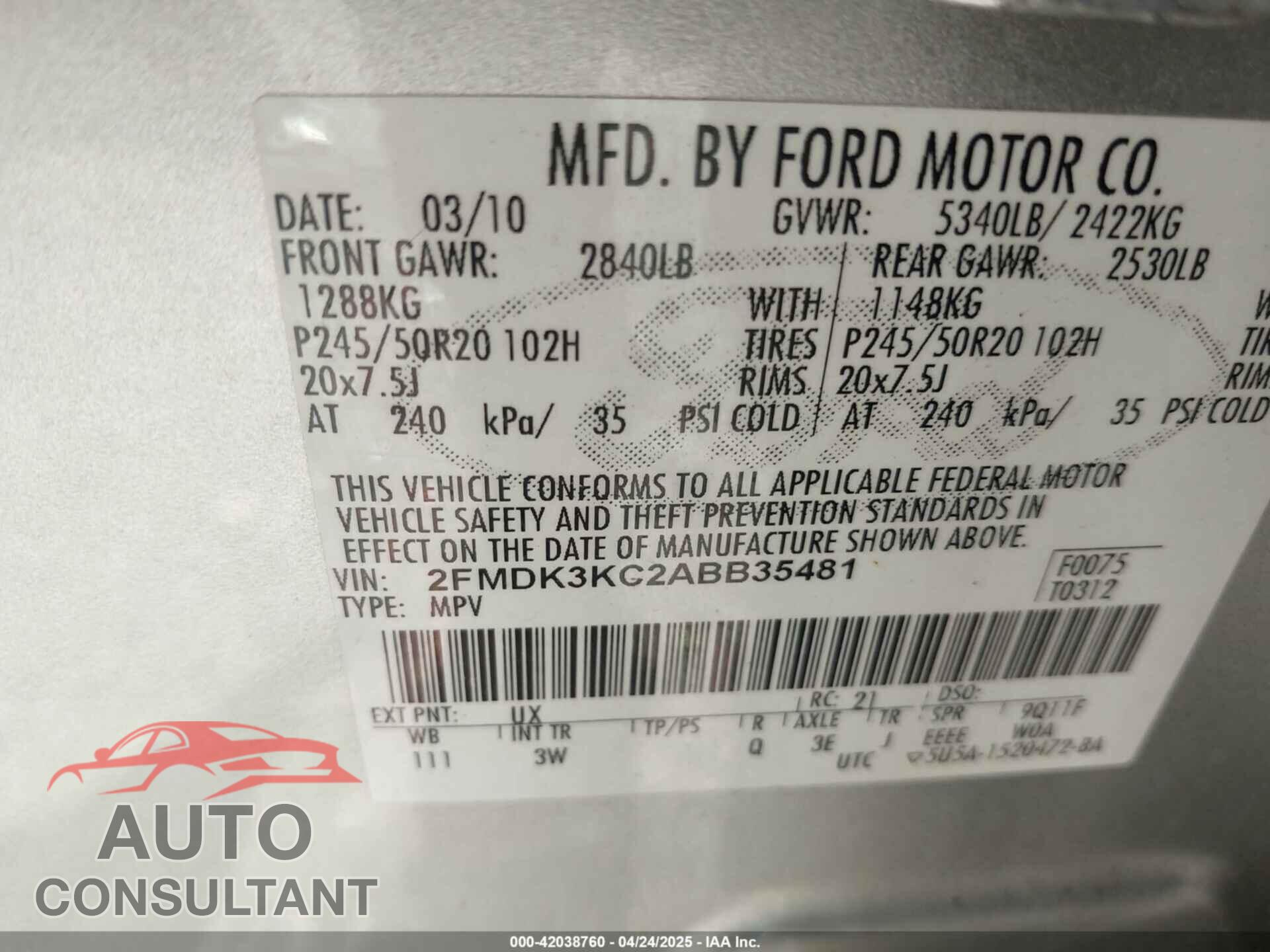 FORD EDGE 2010 - 2FMDK3KC2ABB35481