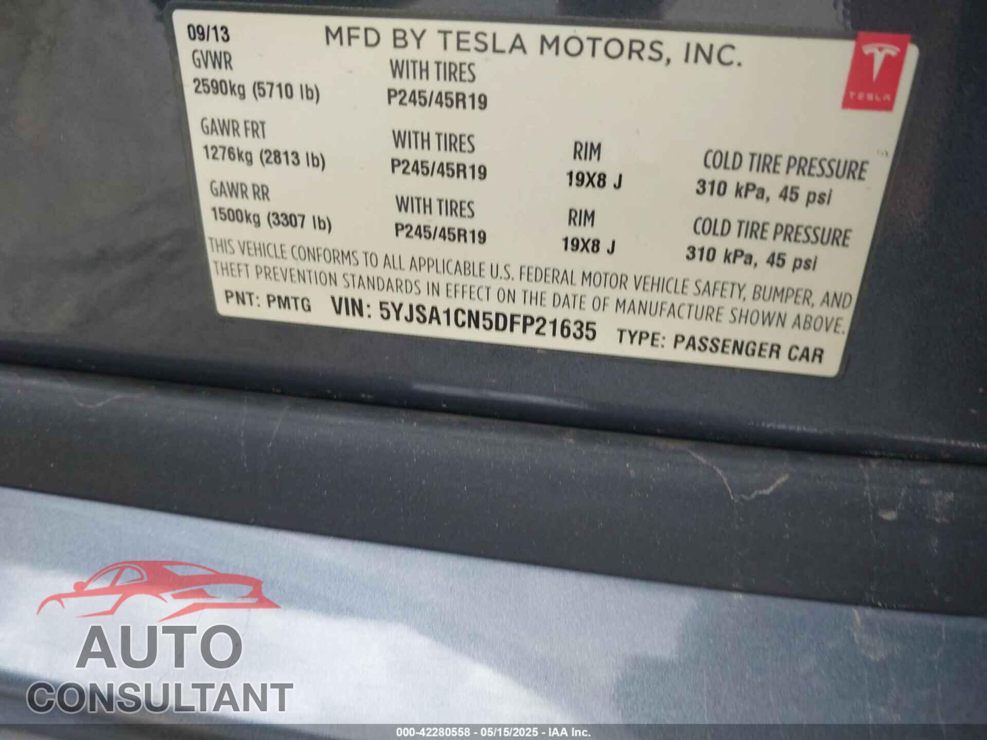TESLA MODEL S 2013 - 5YJSA1CN5DFP21635