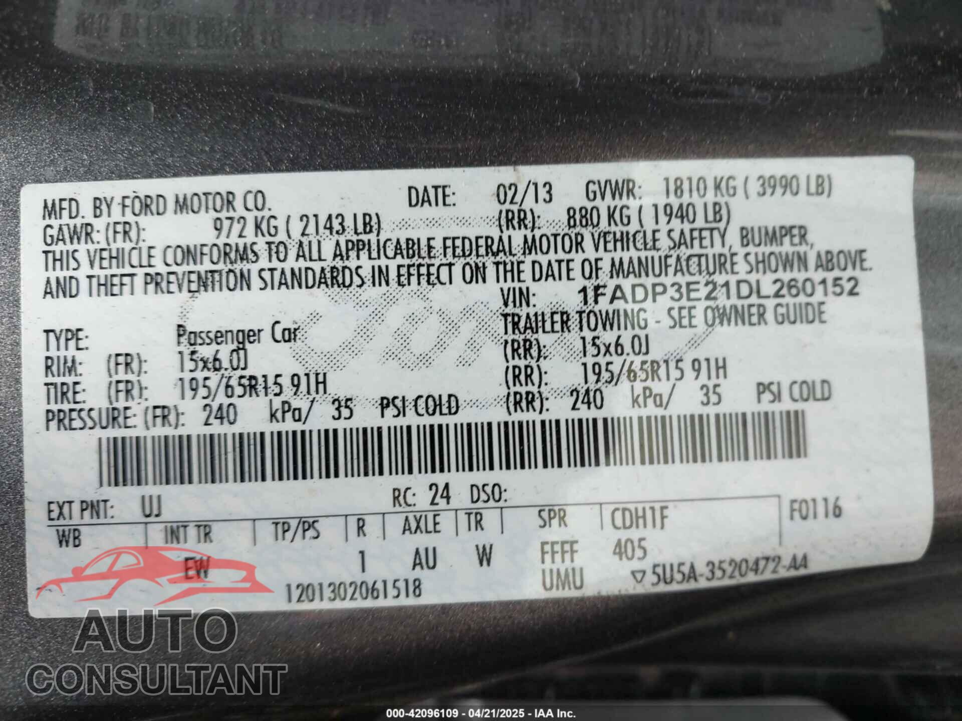 FORD FOCUS 2013 - 1FADP3E21DL260152