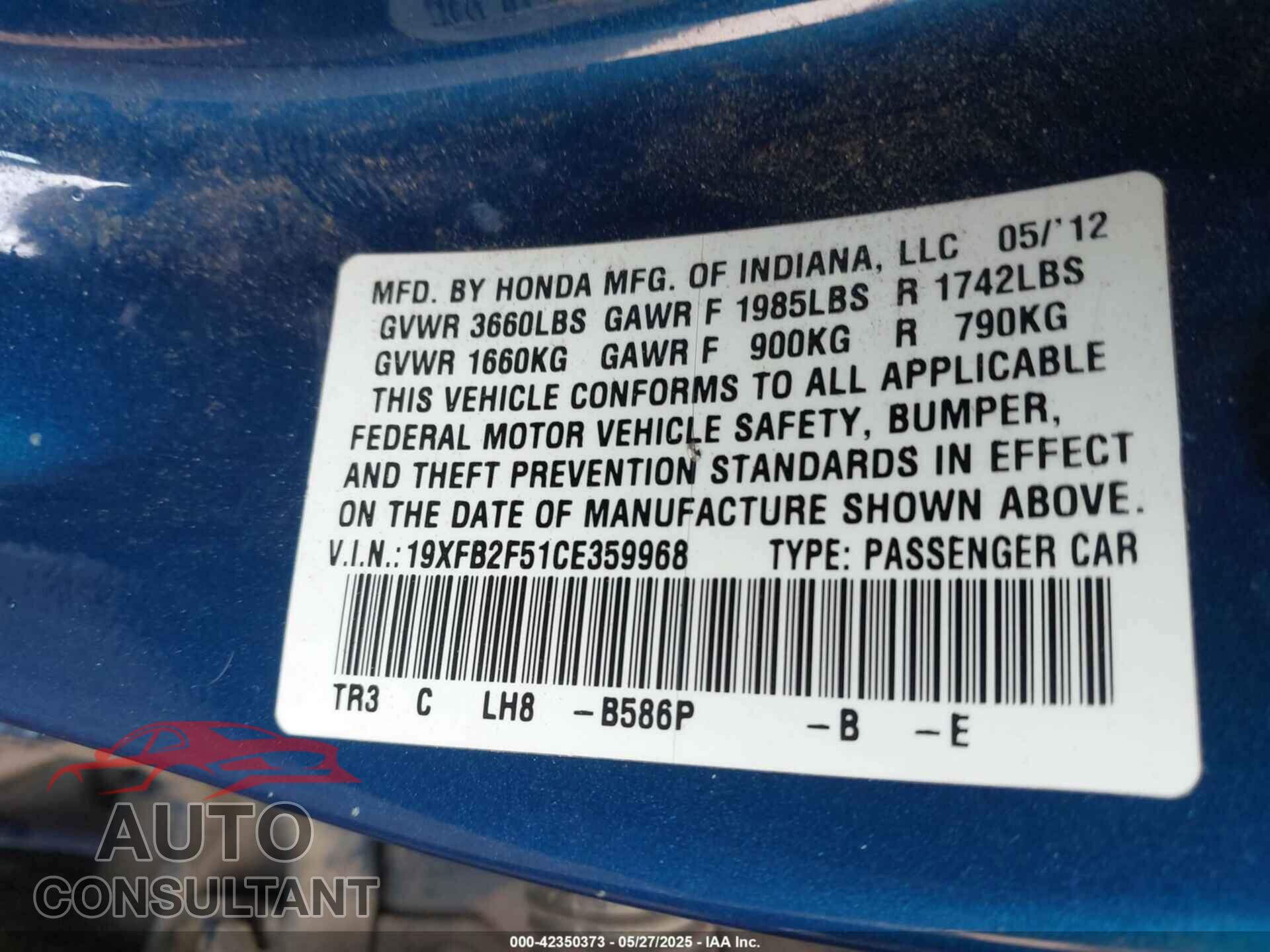 HONDA CIVIC 2012 - 19XFB2F51CE359968