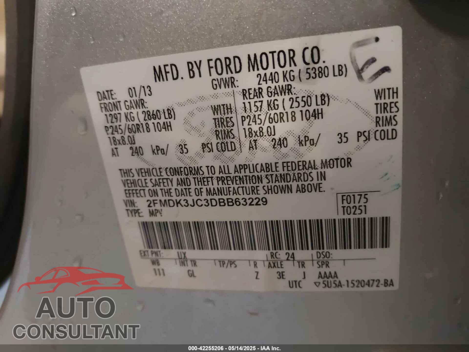 FORD EDGE 2013 - 2FMDK3JC3DBB63229