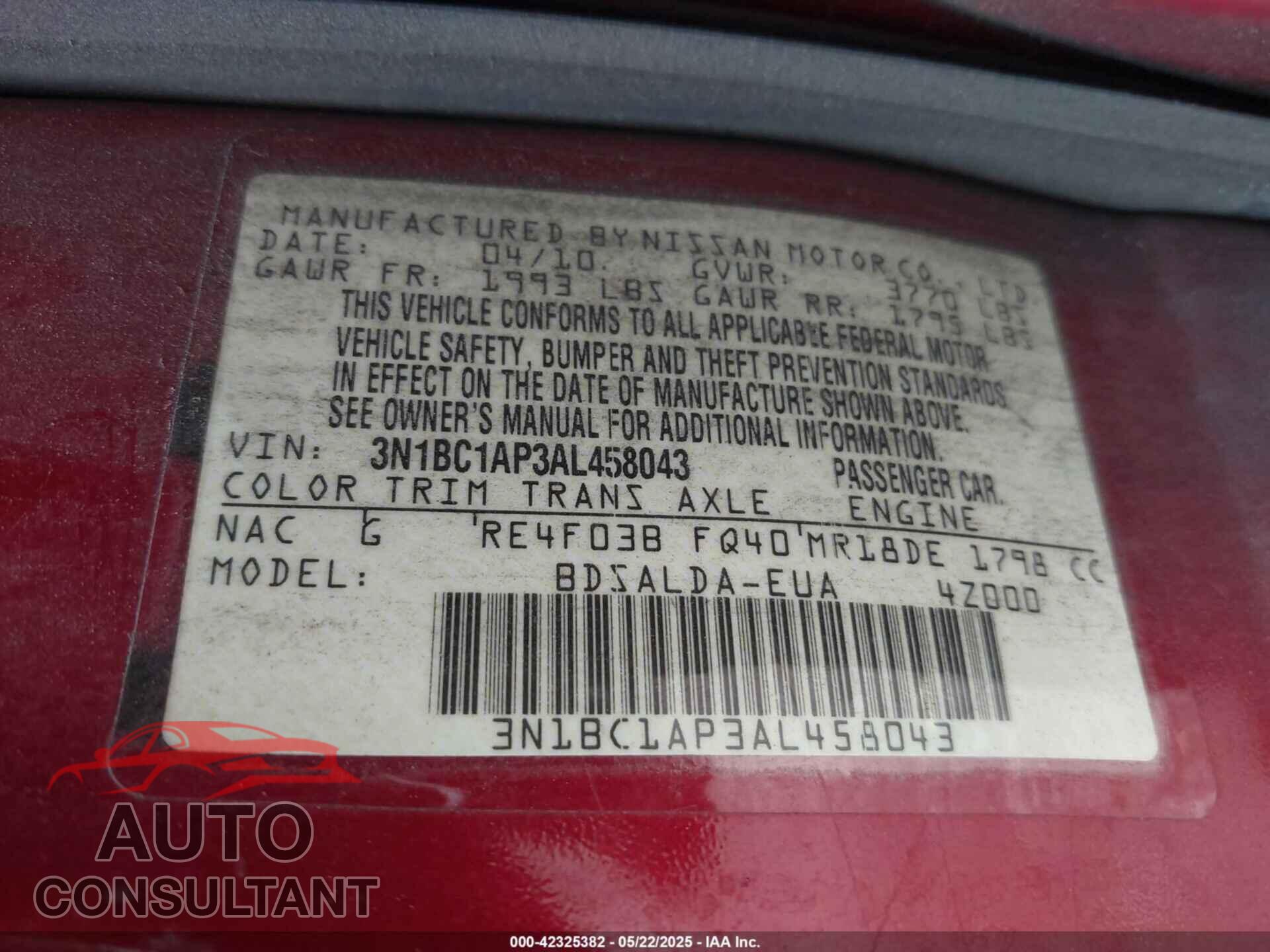 NISSAN VERSA 2010 - 3N1BC1AP3AL458043