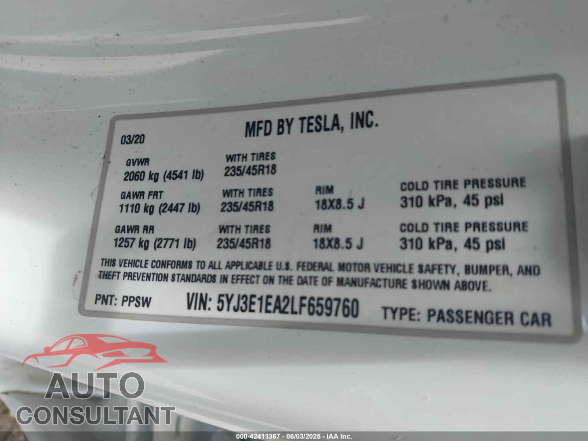 TESLA MODEL 3 2020 - 5YJ3E1EA2LF659760
