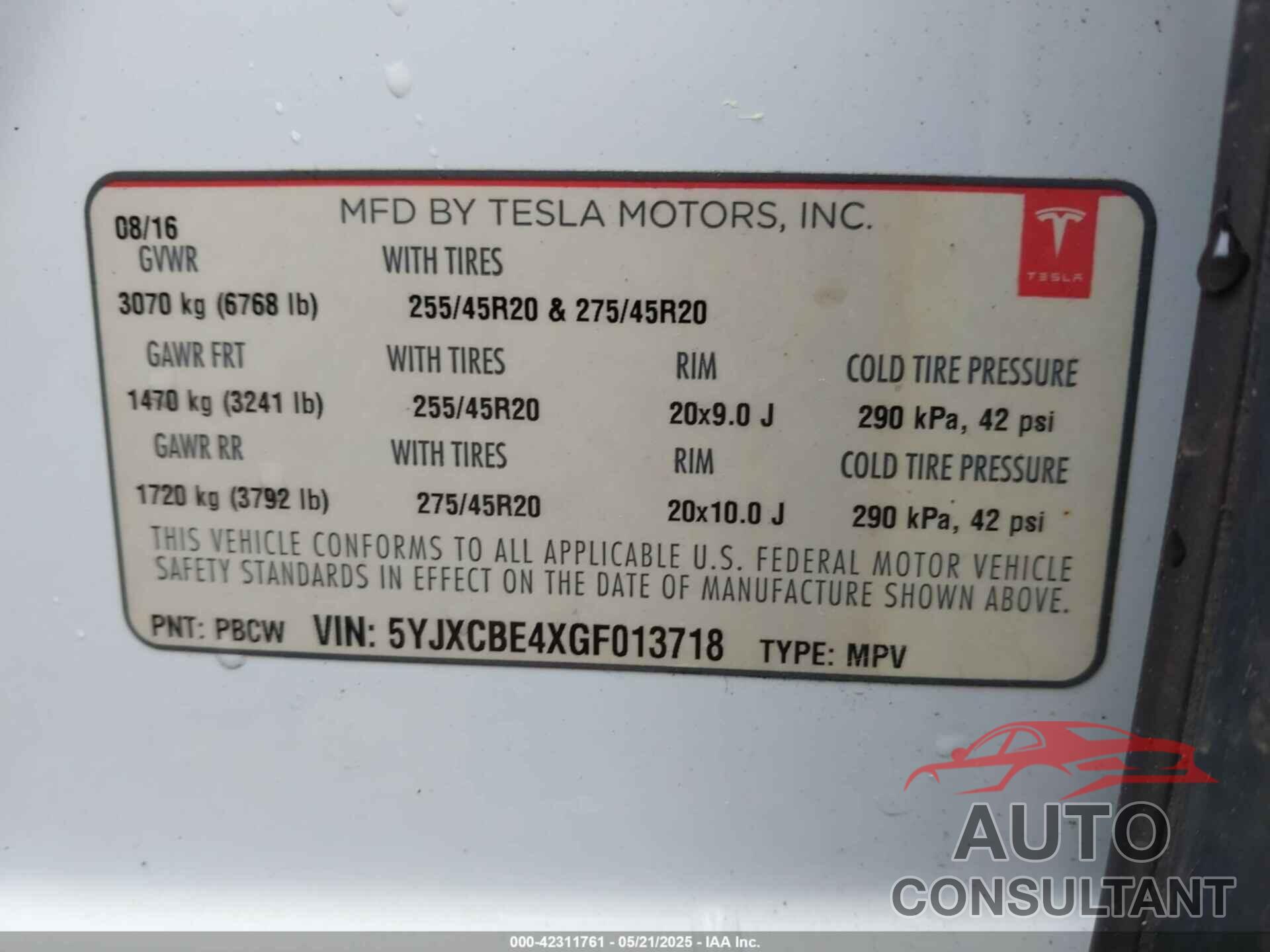 TESLA MODEL X 2016 - 5YJXCBE4XGF013718