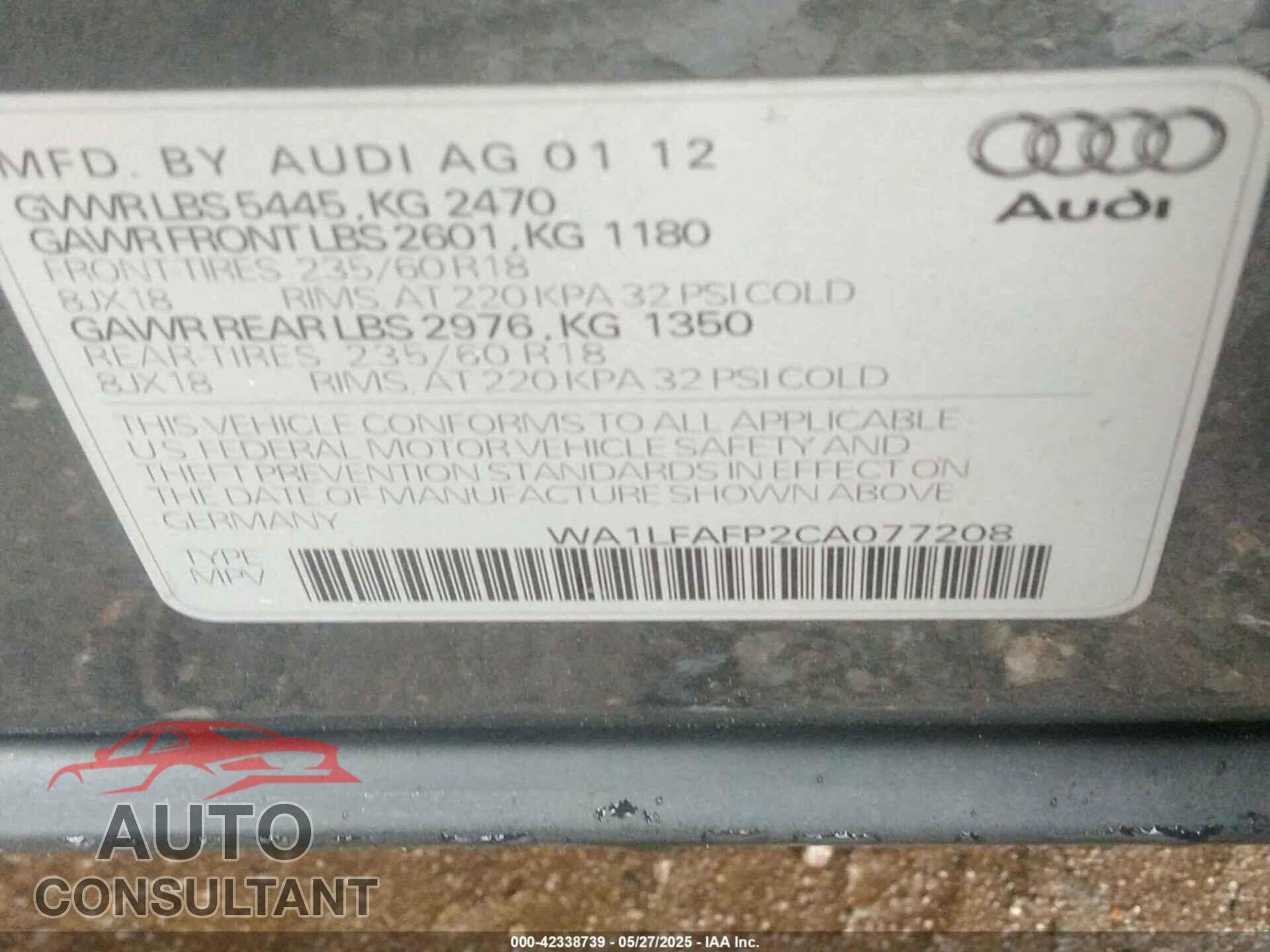 AUDI Q5 2012 - WA1LFAFP2CA077208