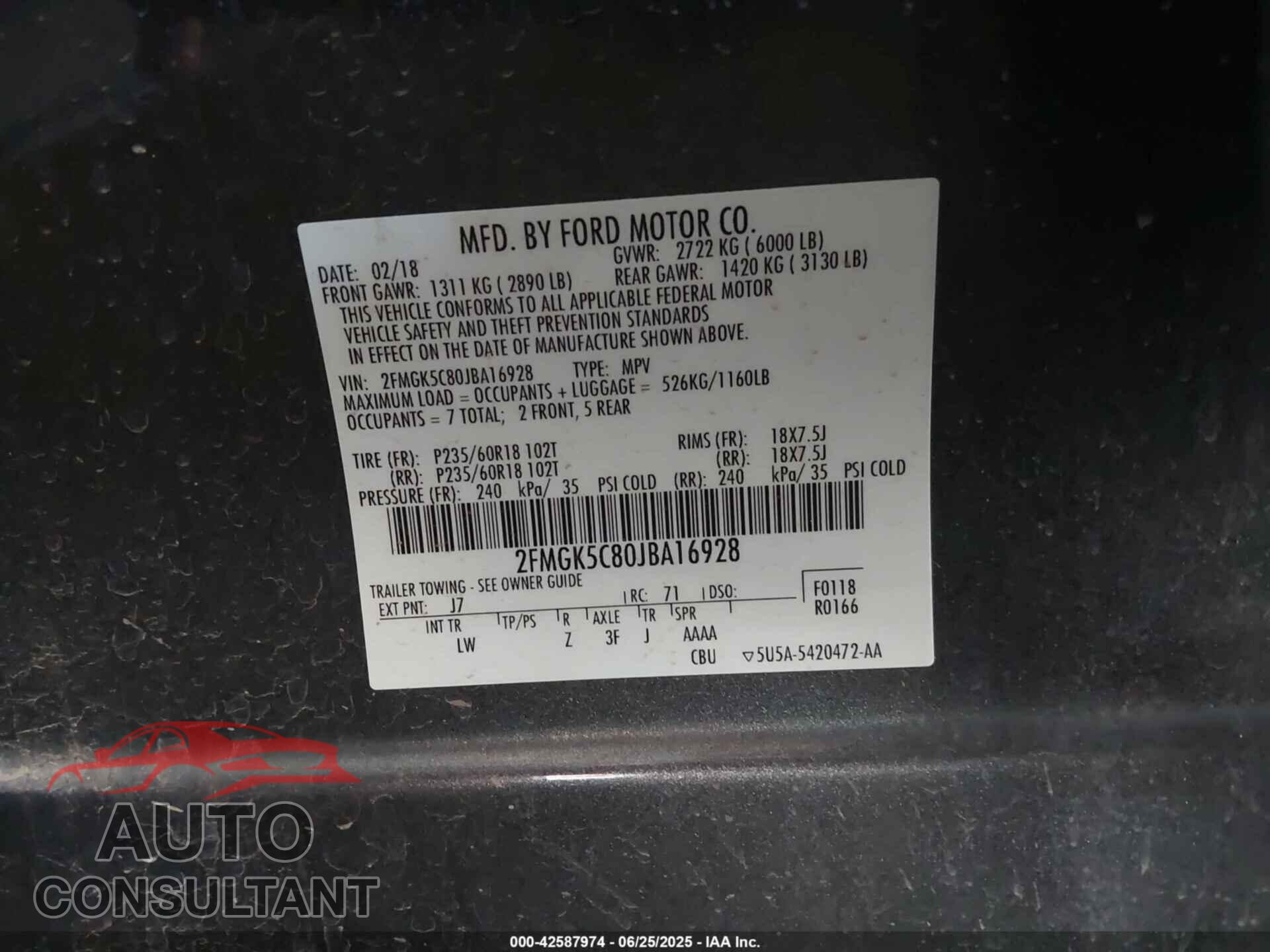 FORD FLEX 2018 - 2FMGK5C80JBA16928
