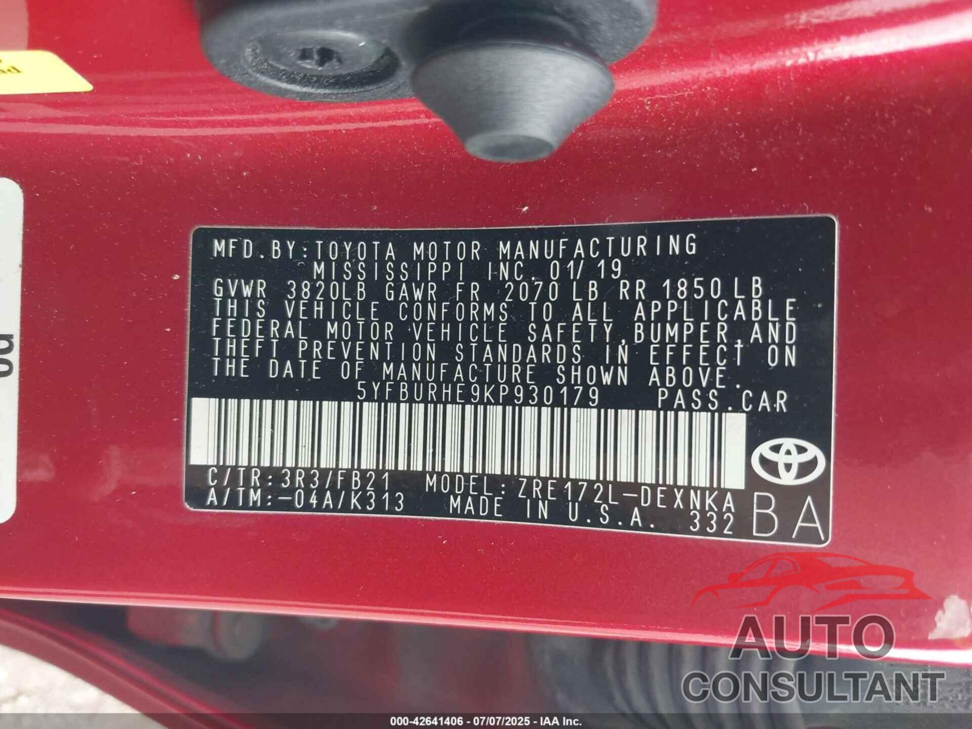 TOYOTA COROLLA 2019 - 5YFBURHE9KP930179