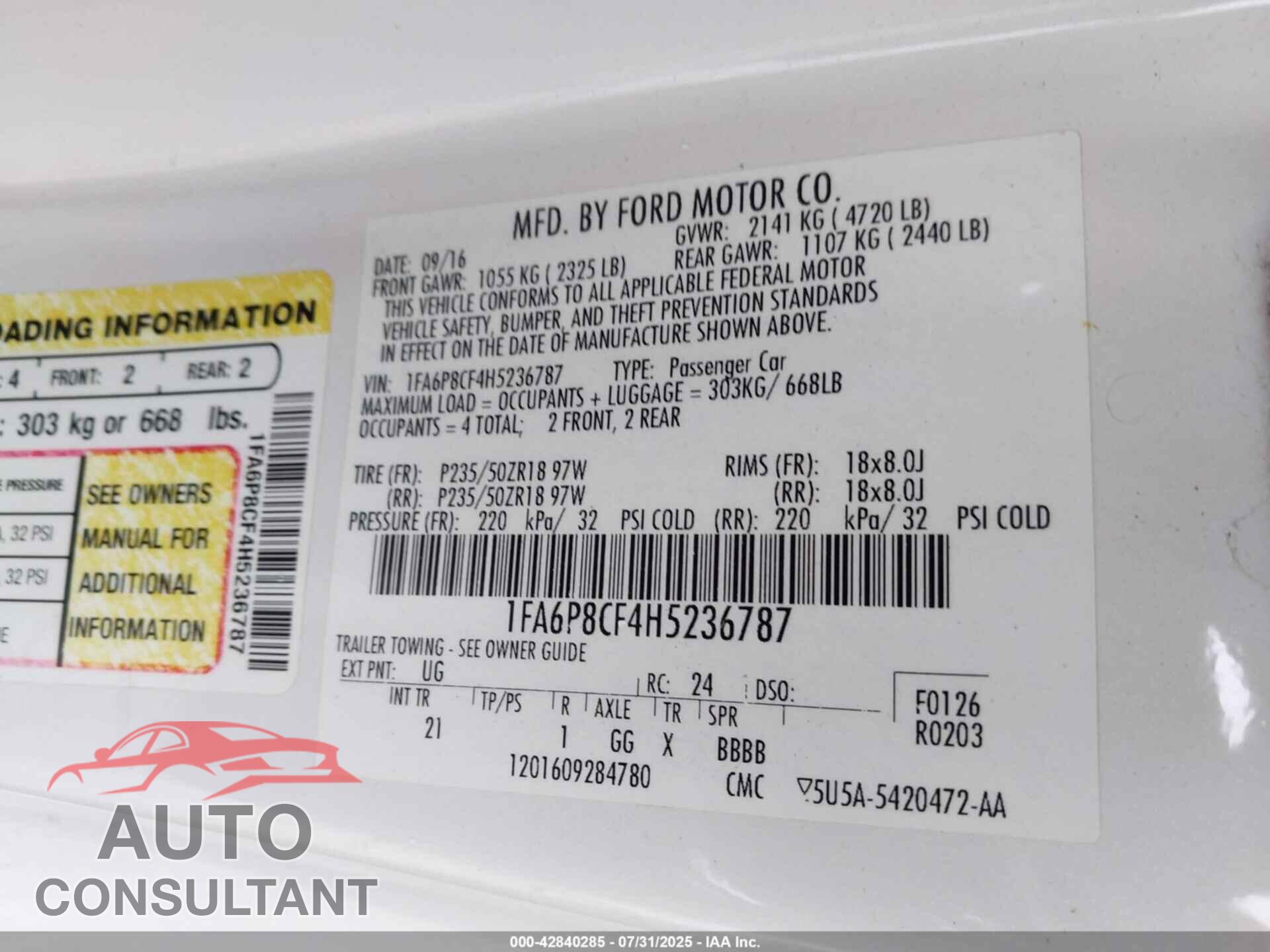 FORD MUSTANG 2017 - 1FA6P8CF4H5236787