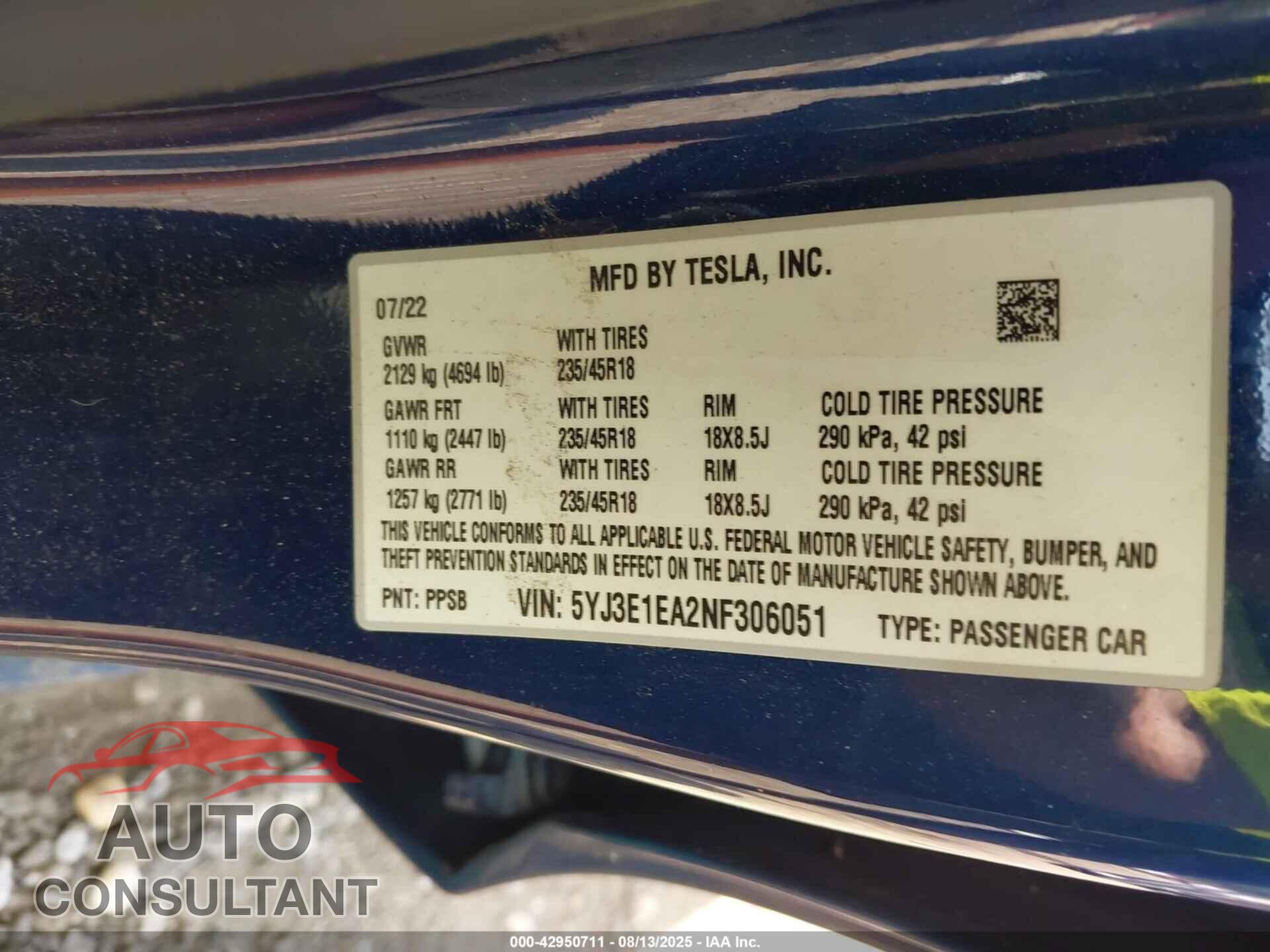 TESLA MODEL 3 2022 - 5YJ3E1EA2NF306051