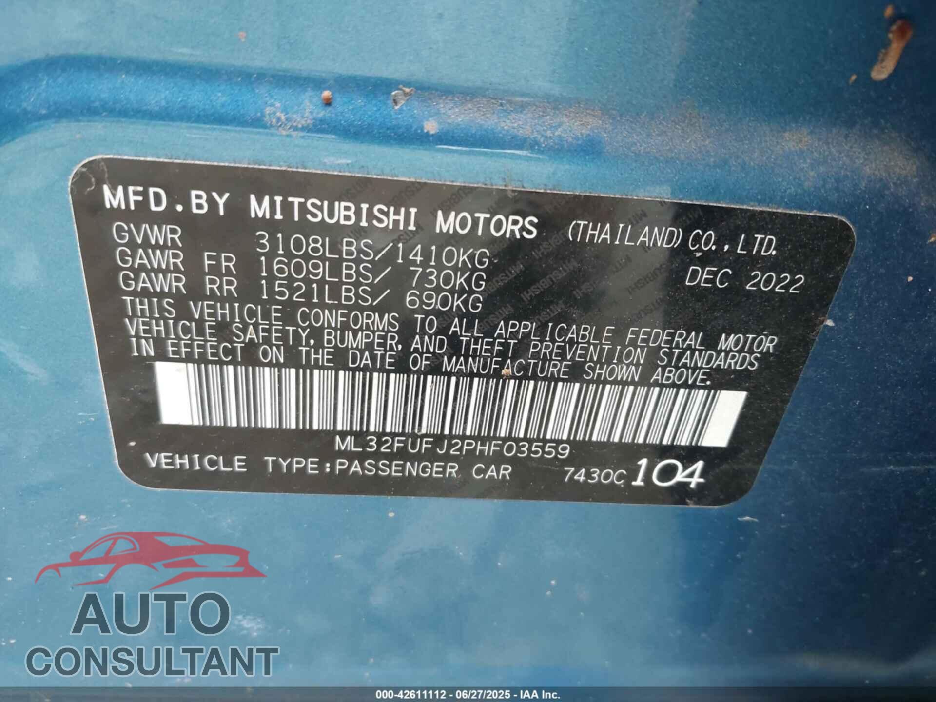 MITSUBISHI MIRAGE G4 2023 - ML32FUFJ2PHF03559