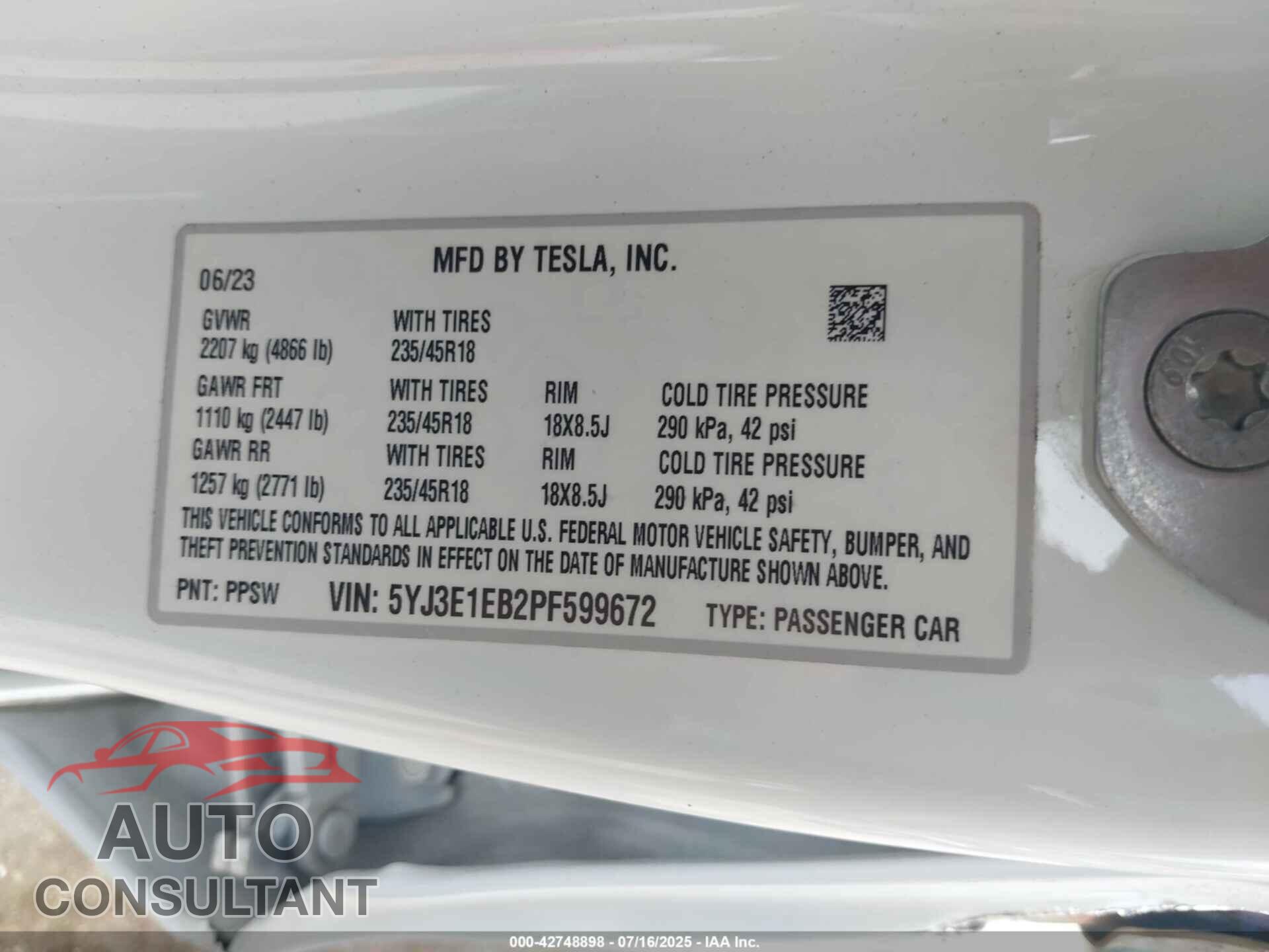TESLA MODEL 3 2023 - 5YJ3E1EB2PF599672