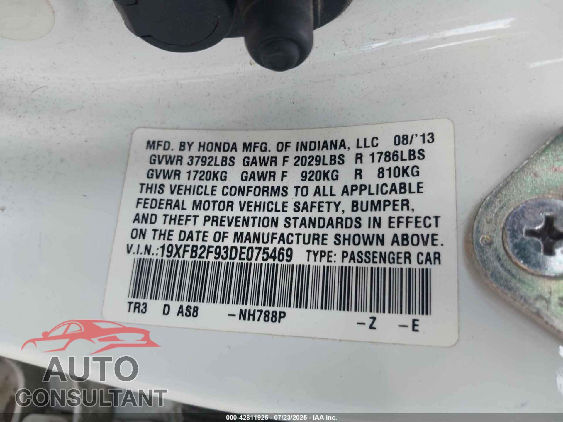 HONDA CIVIC 2013 - 19XFB2F93DE075469