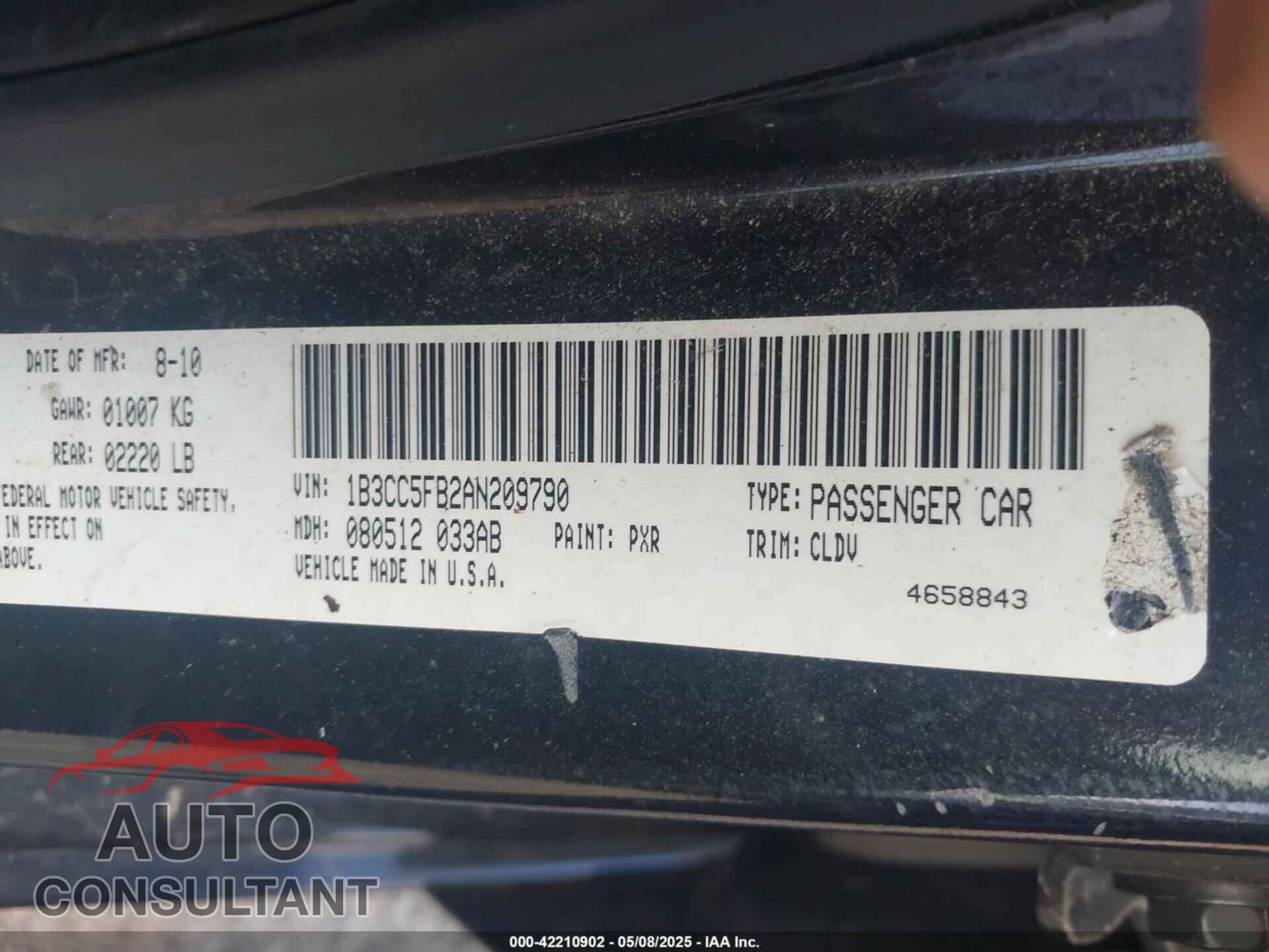 DODGE AVENGER 2010 - 1B3CC5FB2AN209790