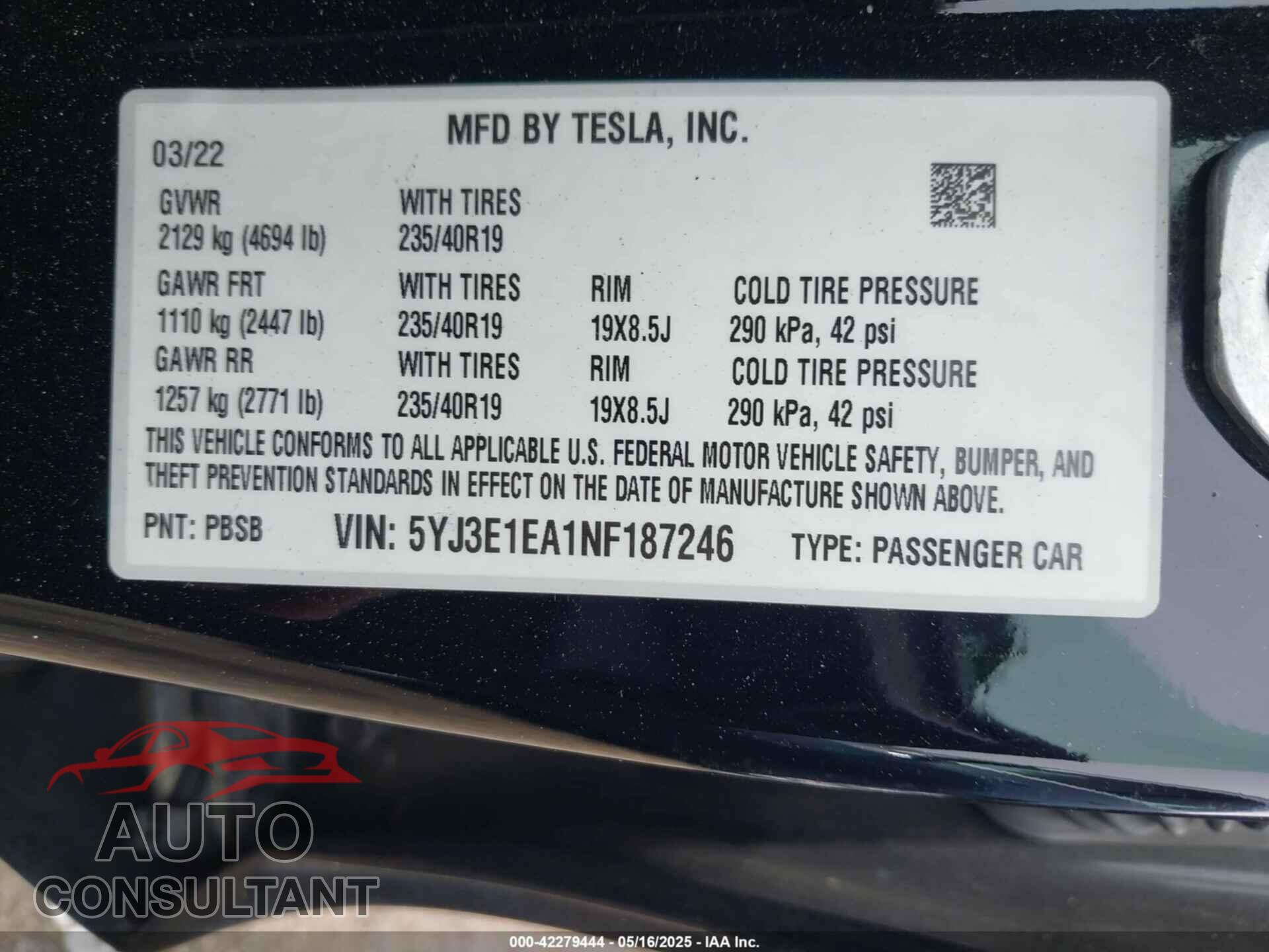TESLA MODEL 3 2022 - 5YJ3E1EA1NF187246